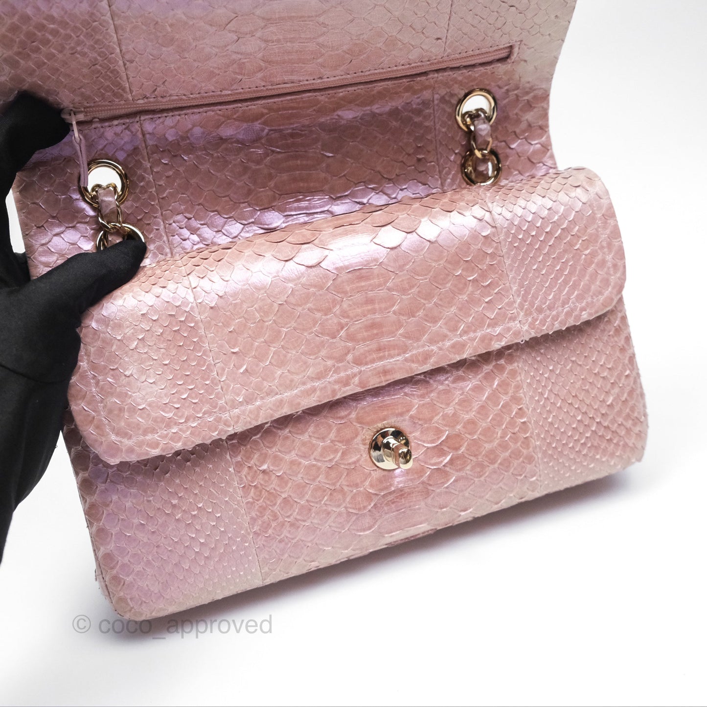 Chanel Classic M/L Medium Flap Quilted Iridescent Pink Python Gold Hardware