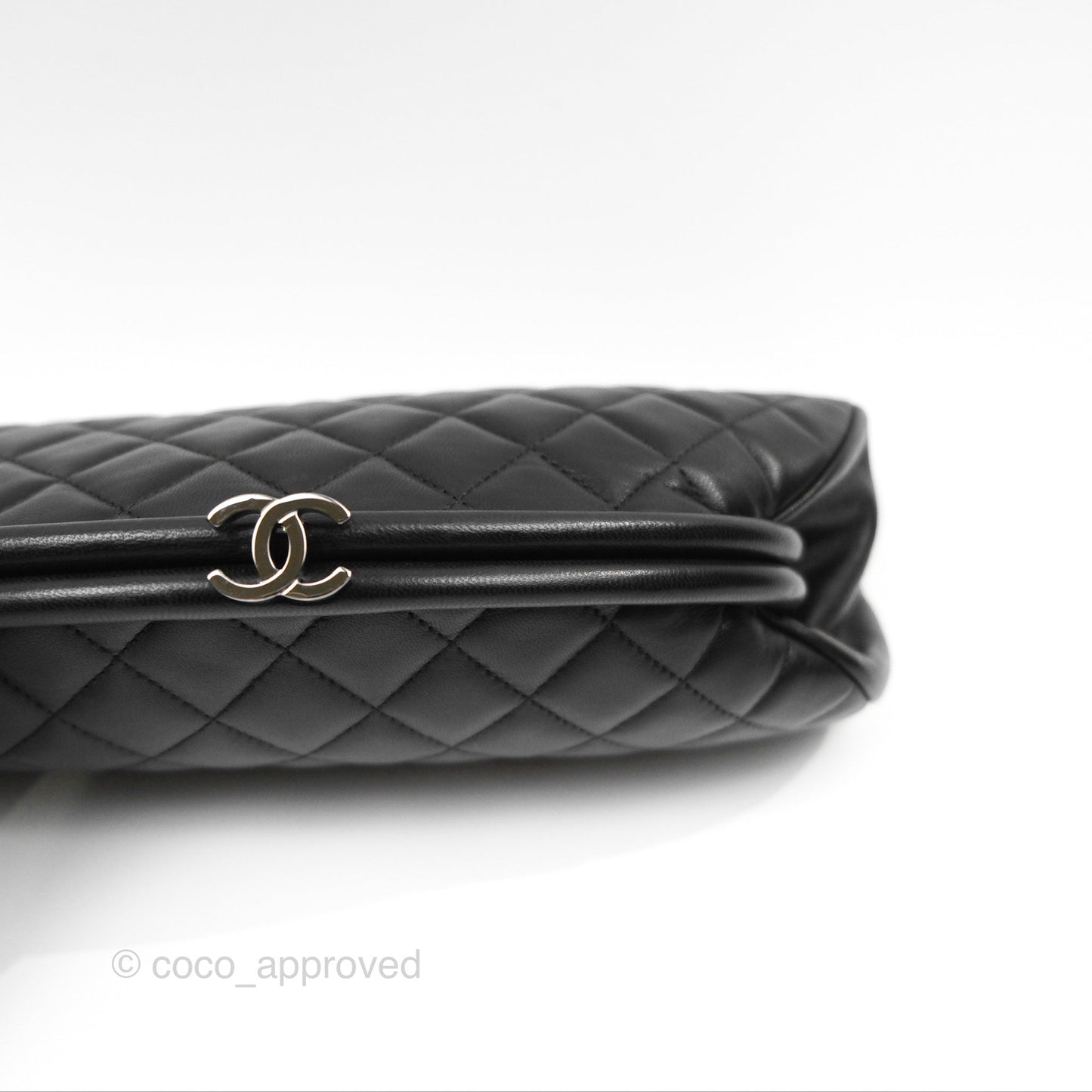 Chanel Quilted Timeless Kisslock Clutch Black Lambskin Silver Hardware