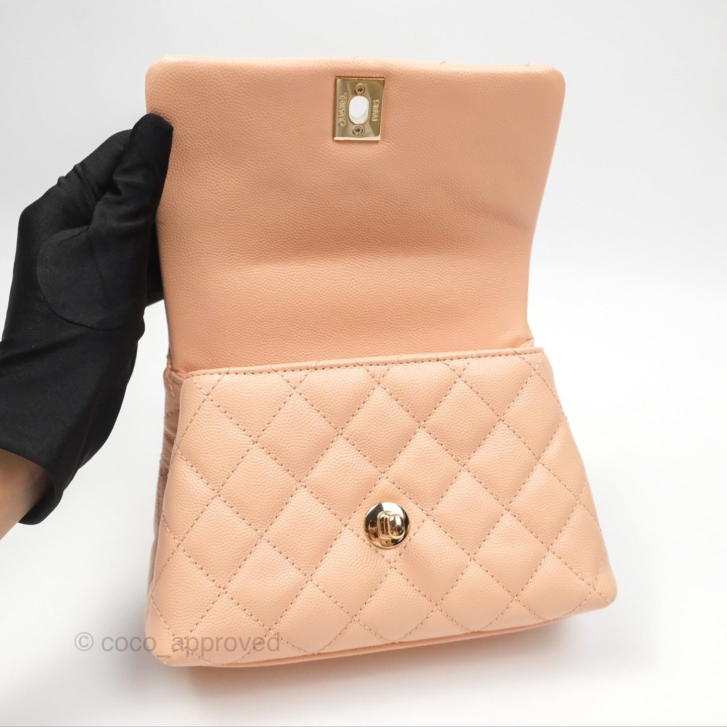 Chanel Quilted Mini Coco Handle Caviar Pink Beige Gold Hardware