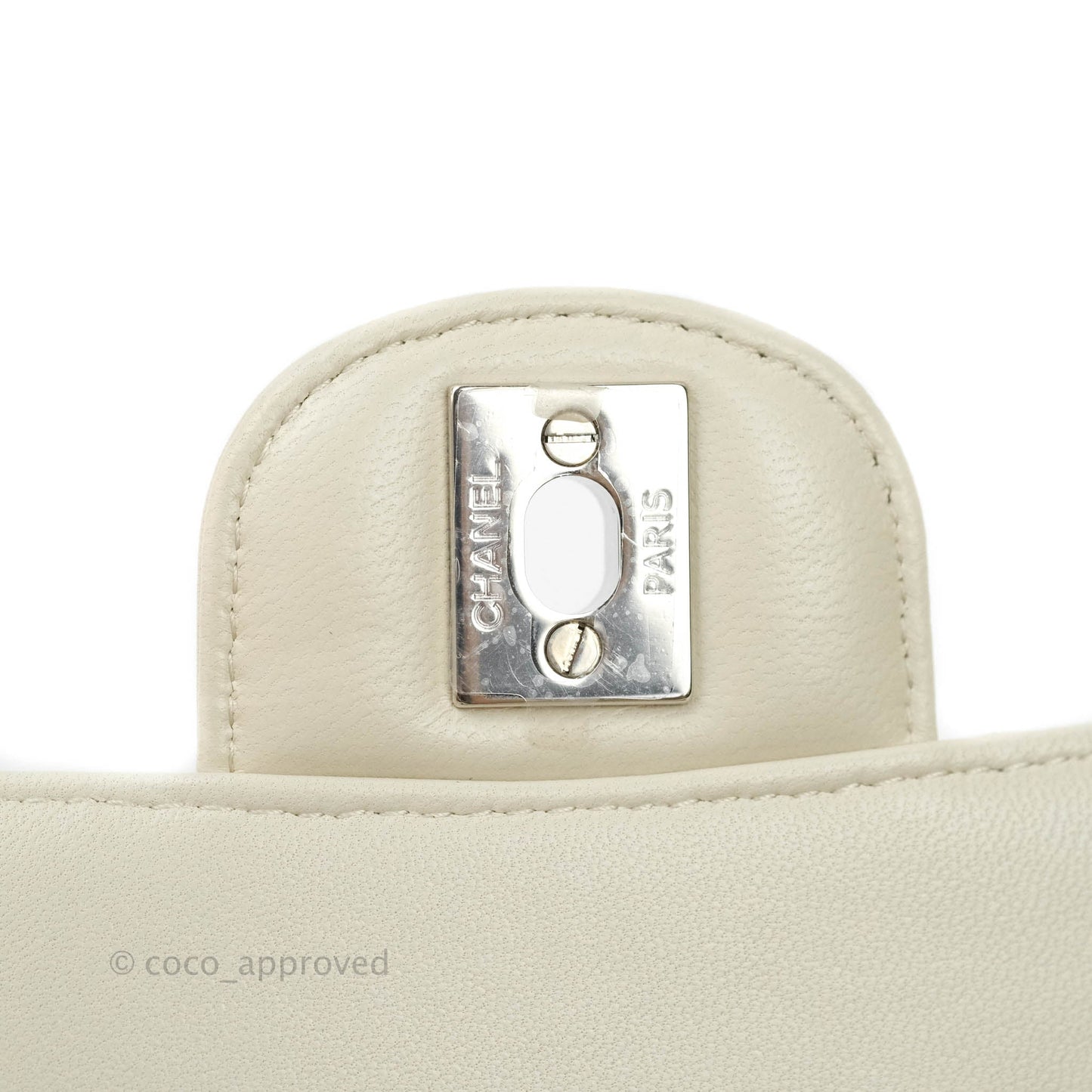 Chanel Mini Square Chevron White Ivory Lambskin Silver Hardware