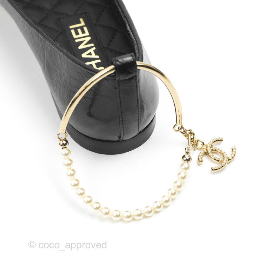 Chanel Ankle Pearl Flat Ballerinas Black Lambskin 23C Sizes 37