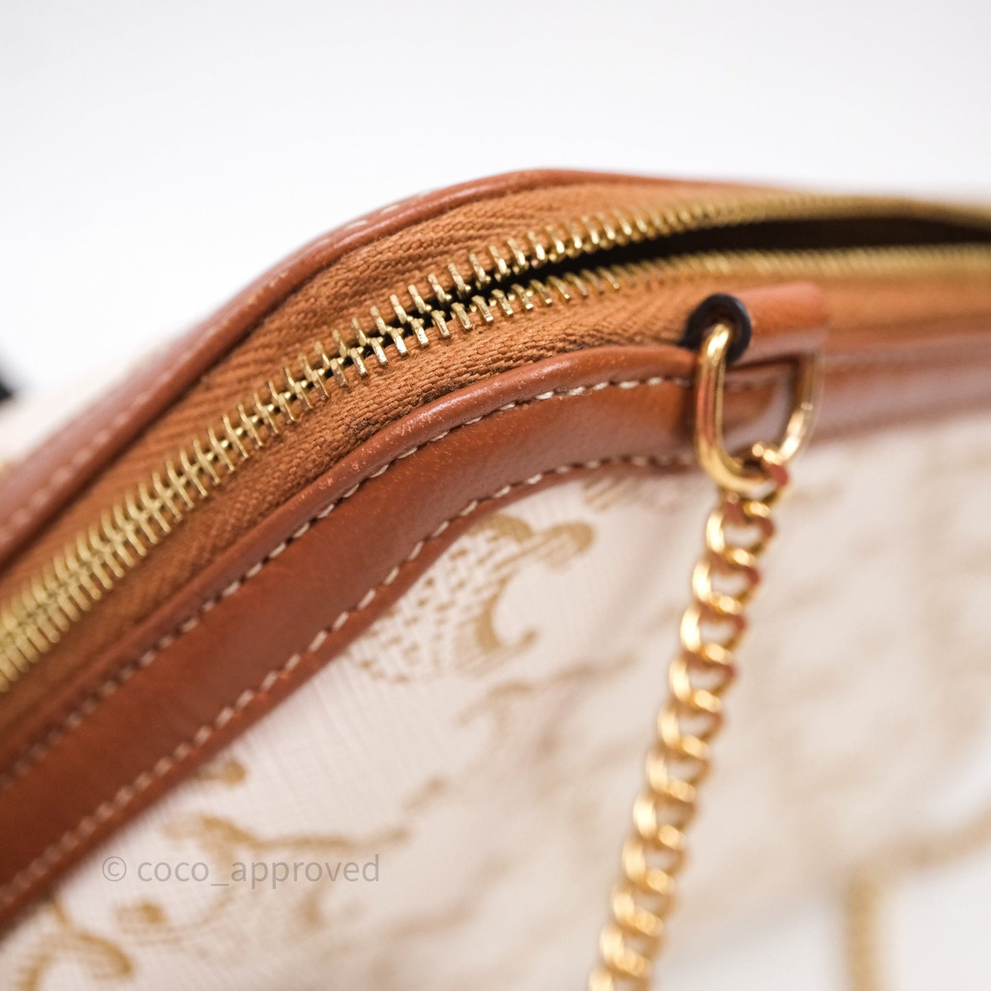 Celine Clutch With Chain Triomphe Canvas Lambskin White/Tan
