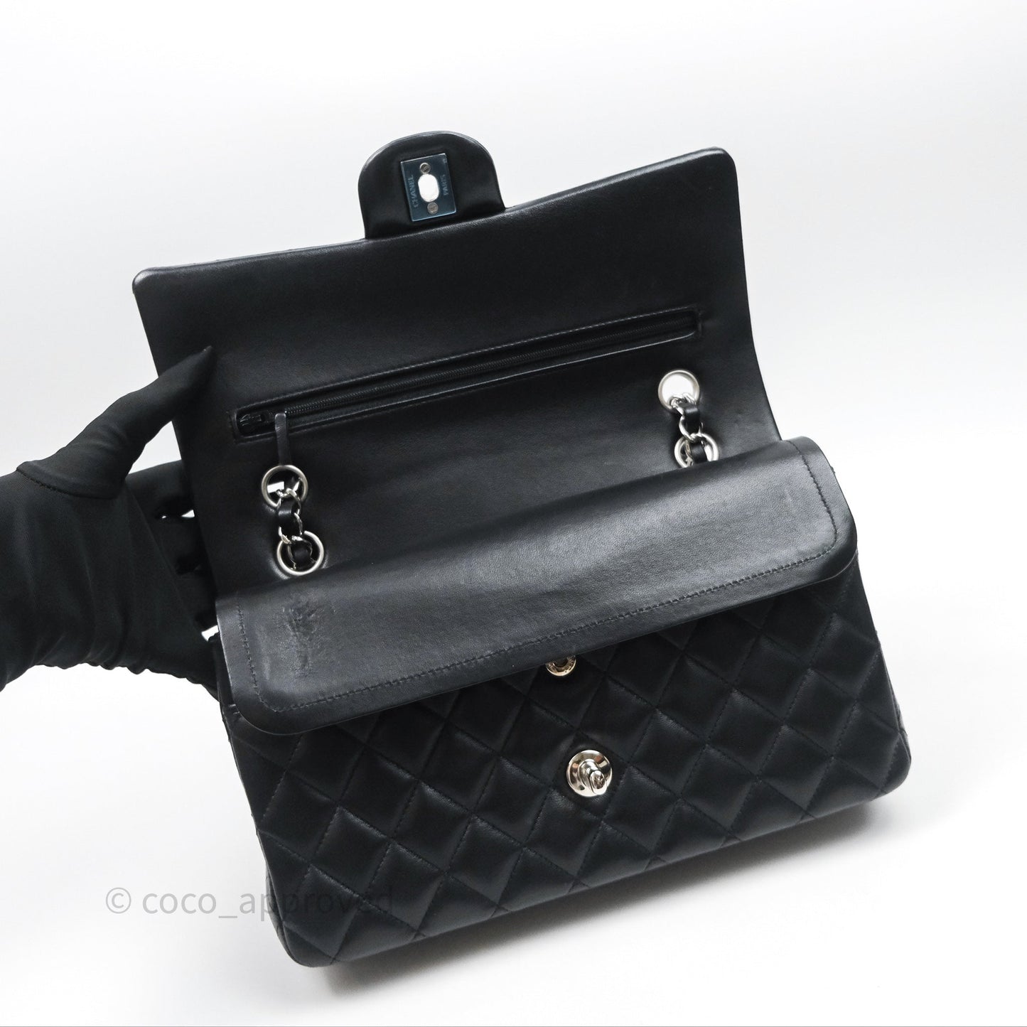 Chanel Classic M/L Medium Flap Quilted Black Lambskin Silver Hardware