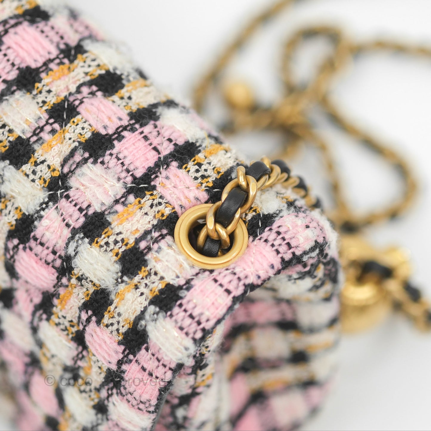 Chanel Pearl Crush Mini Square Quilted Pink Tweed Aged Gold Hardware