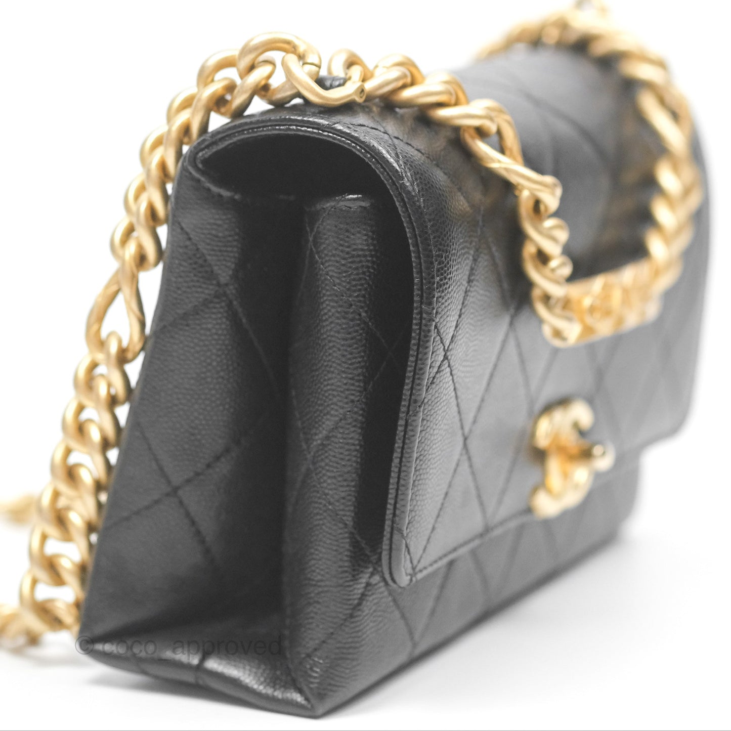 Chanel Bracelet On Chain Flap Bag Flat Quilted Black Caviar Aged Gold Hardware
