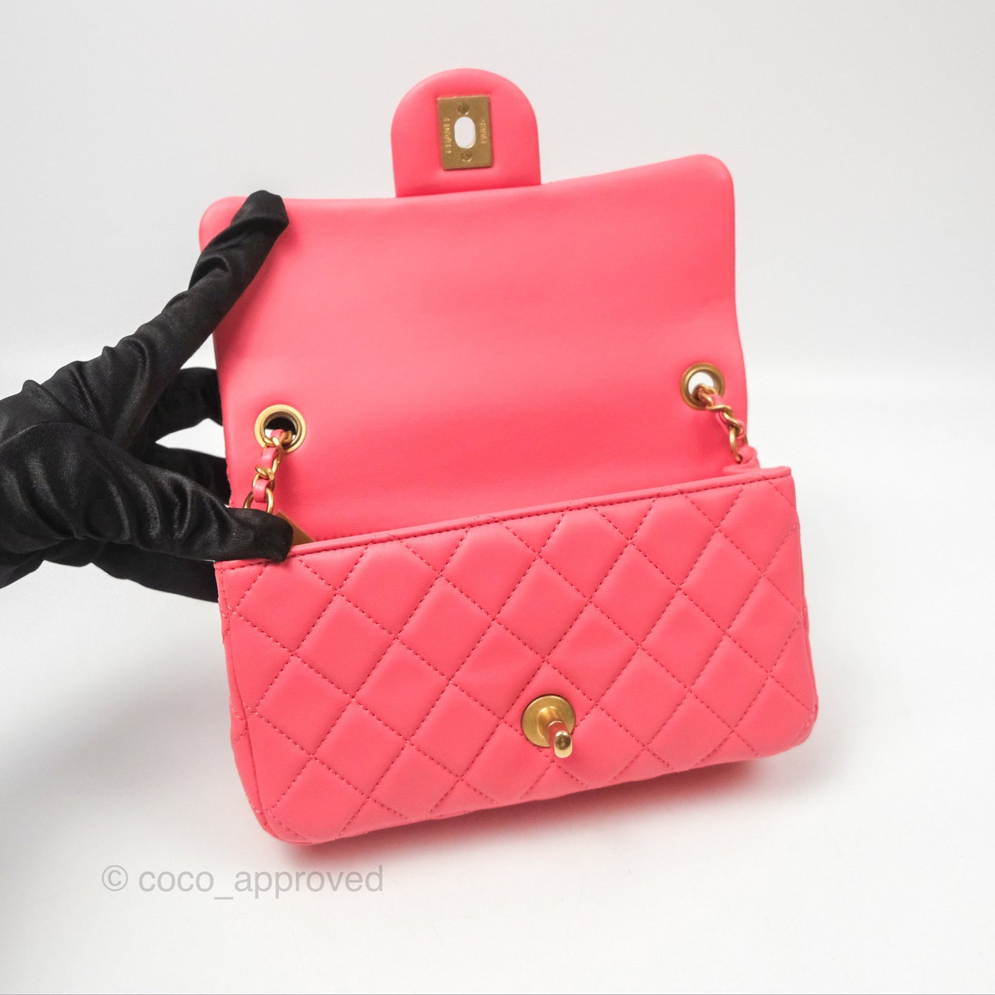 Chanel Pearl Crush Mini Rectangular Pink Lambskin Aged Gold Hardware