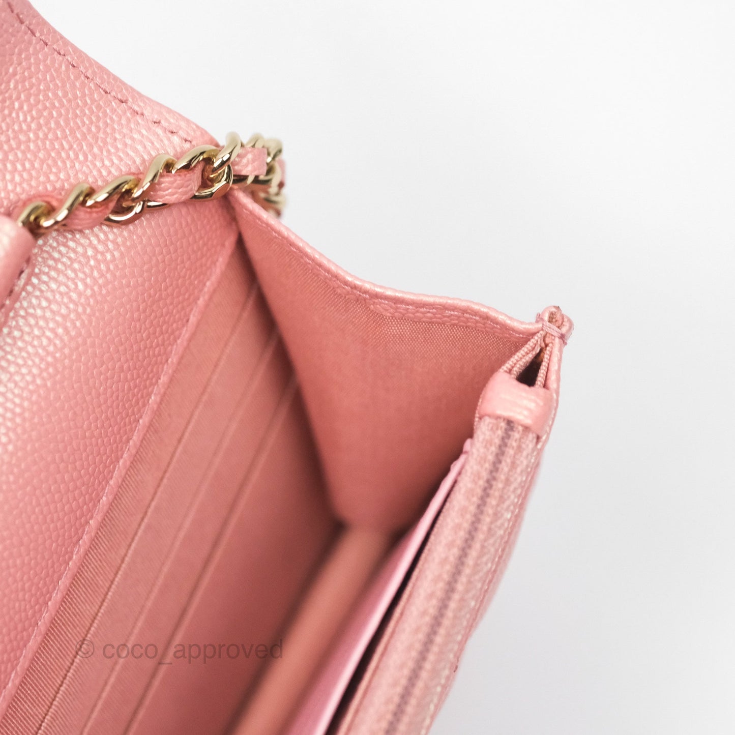 Chanel Classic Quilted Wallet on Chain WOC Iridescent Pink Caviar Gold Hardware