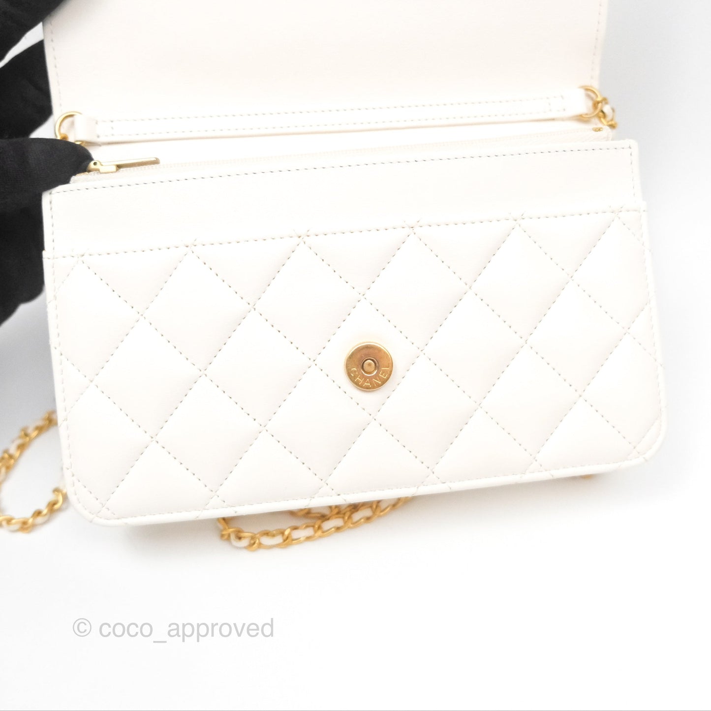 Chanel Quilted Wallet on Chain WOC Coco Heart Chain White Lambskin Aged Gold Hardware 22K