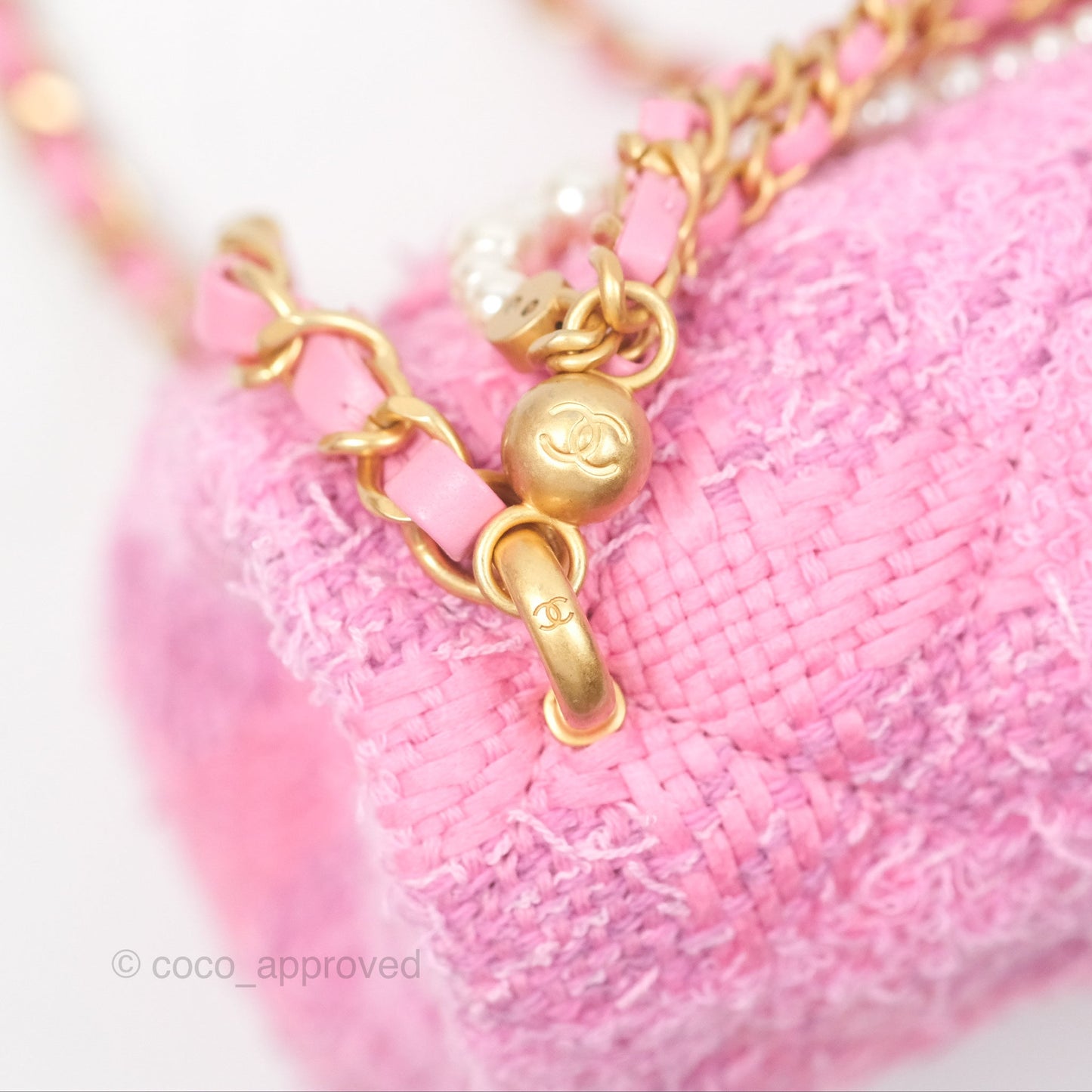 Chanel Mini Flap Bag with Pearl Chain Pink Tweed Aged Gold Hardware
