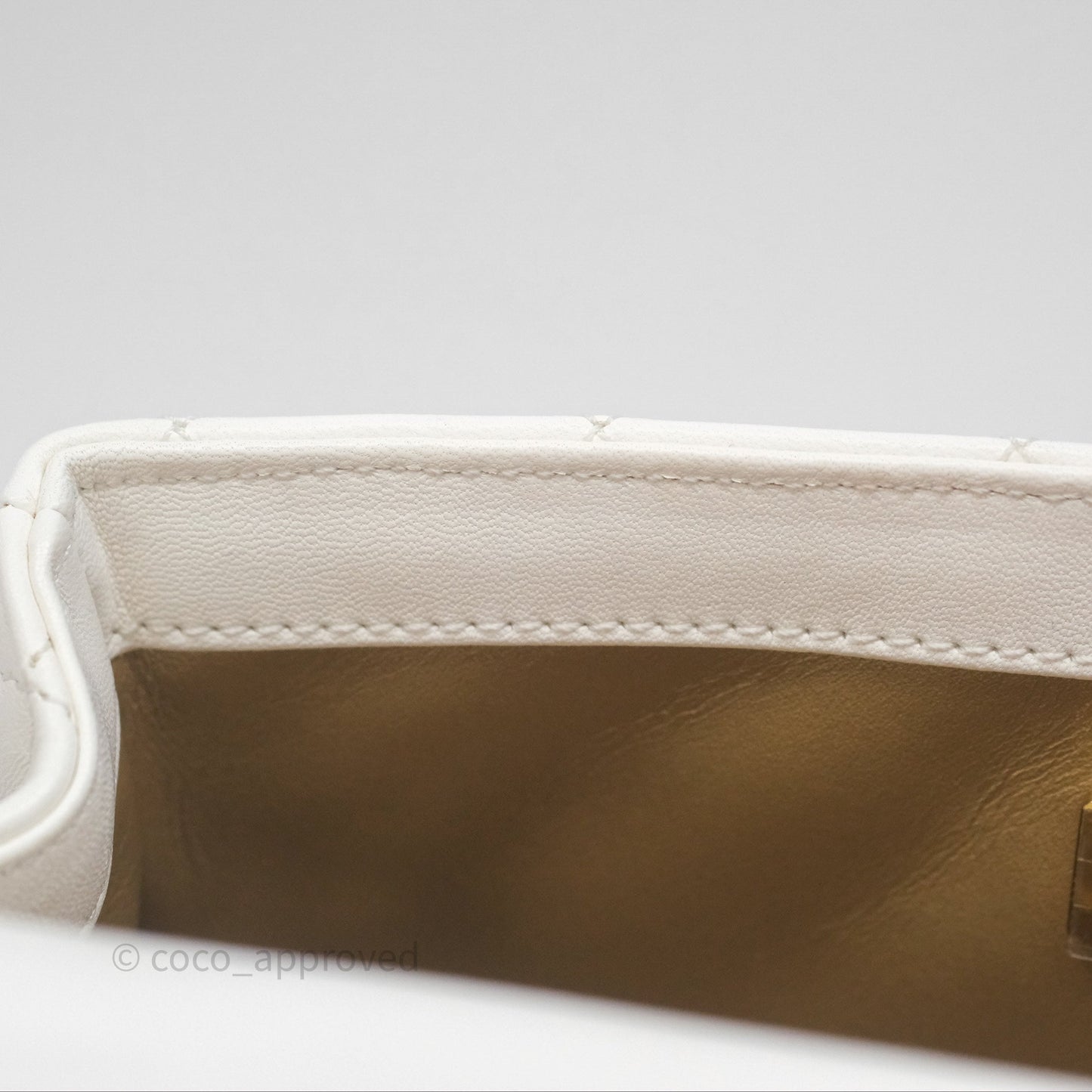 Chanel Mini Rectangular Pearl Crush Quilted White Lambskin Aged Gold Hardware