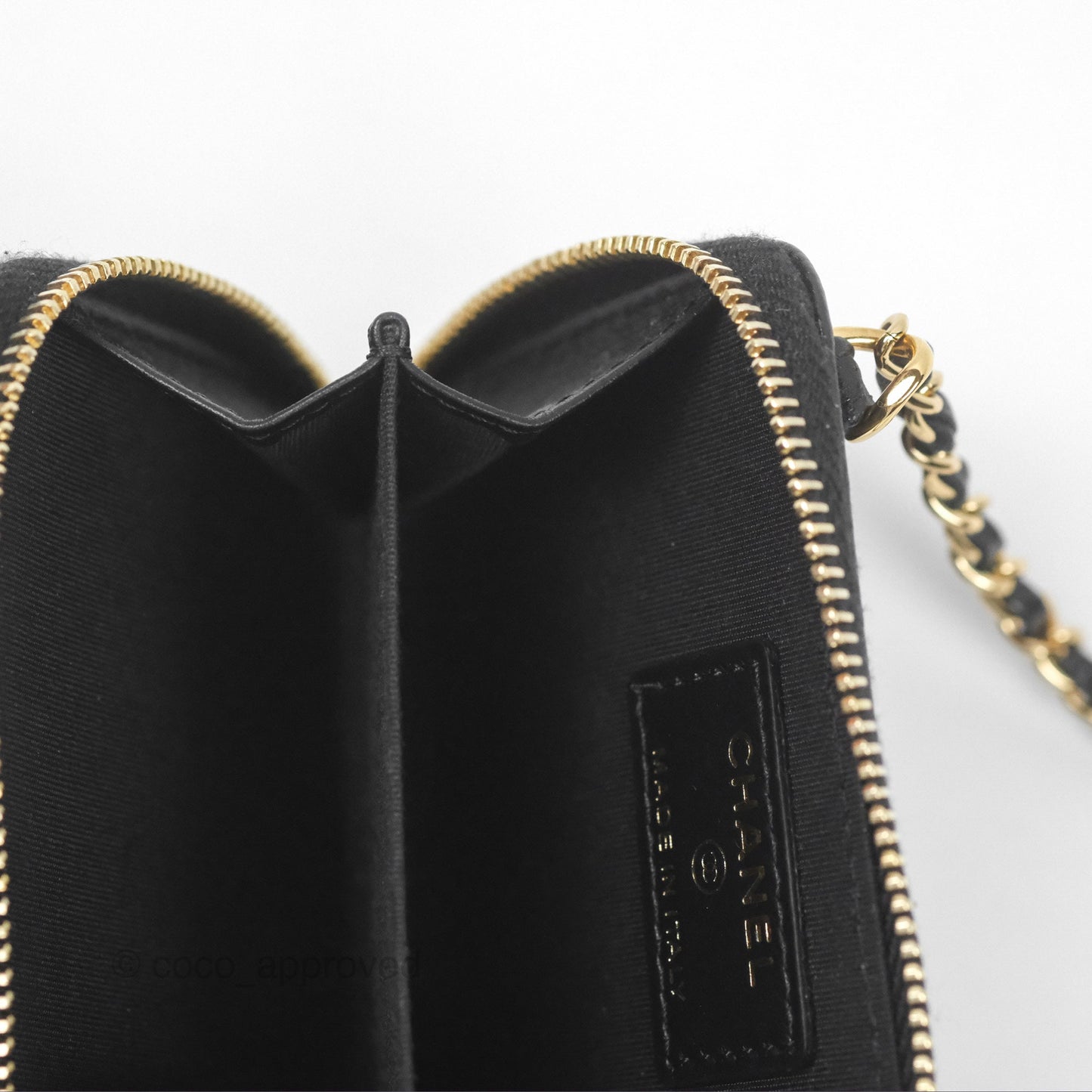 Chanel Miss Coco Quilted Zip Card Holder on Chain Black Caviar Gold Hardware