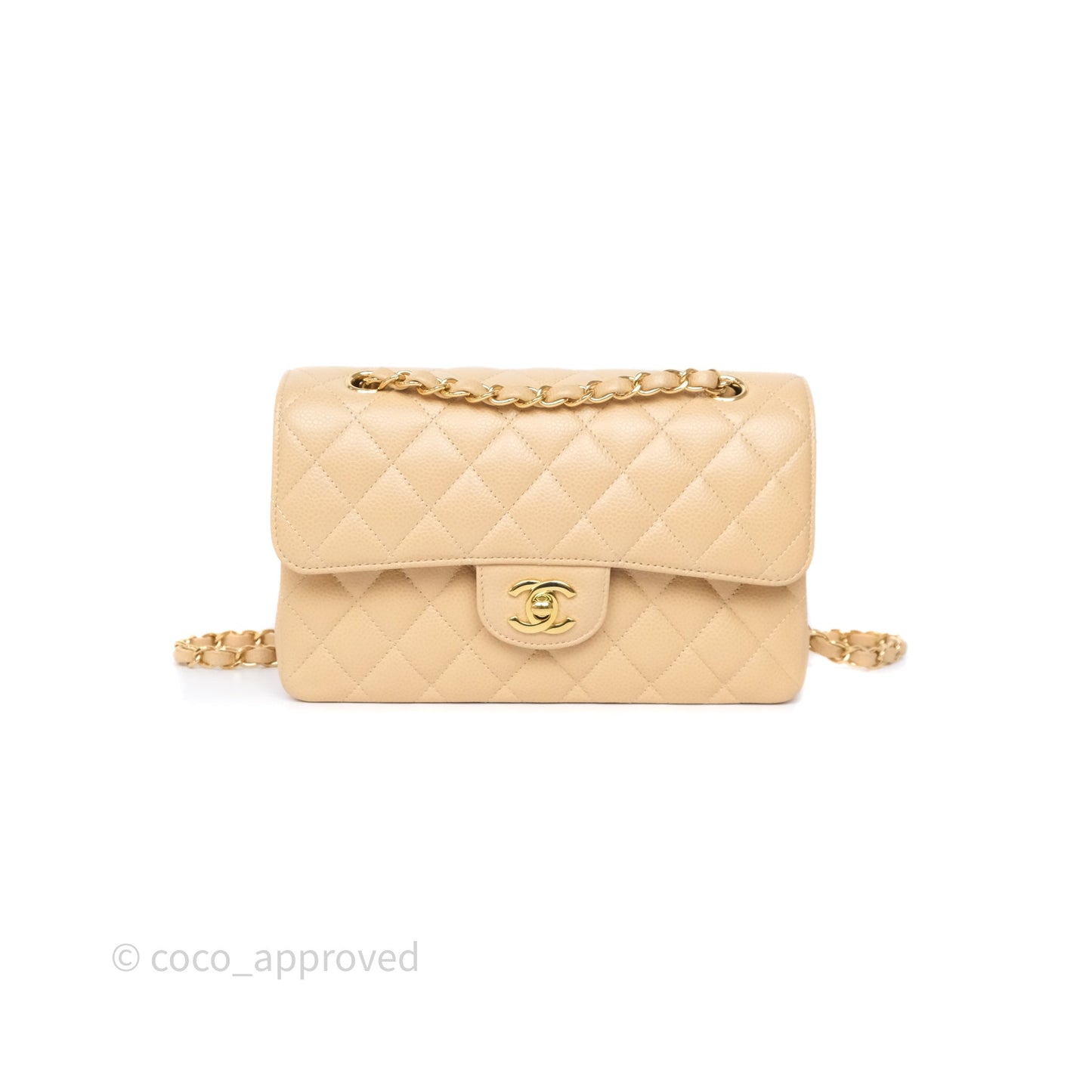 Chanel Small Classic Flap Quilted Beige Caviar Gold Hardware