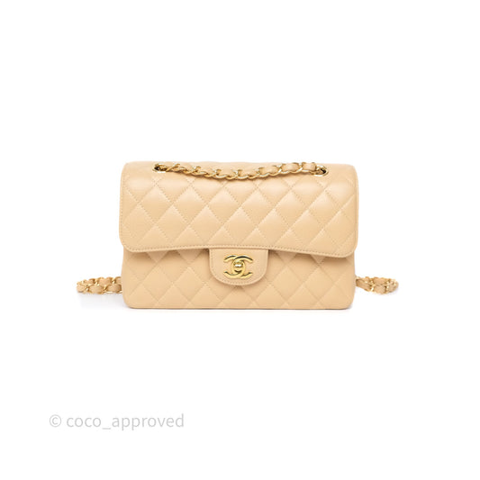 Chanel Small Classic Flap Quilted Beige Caviar Gold Hardware