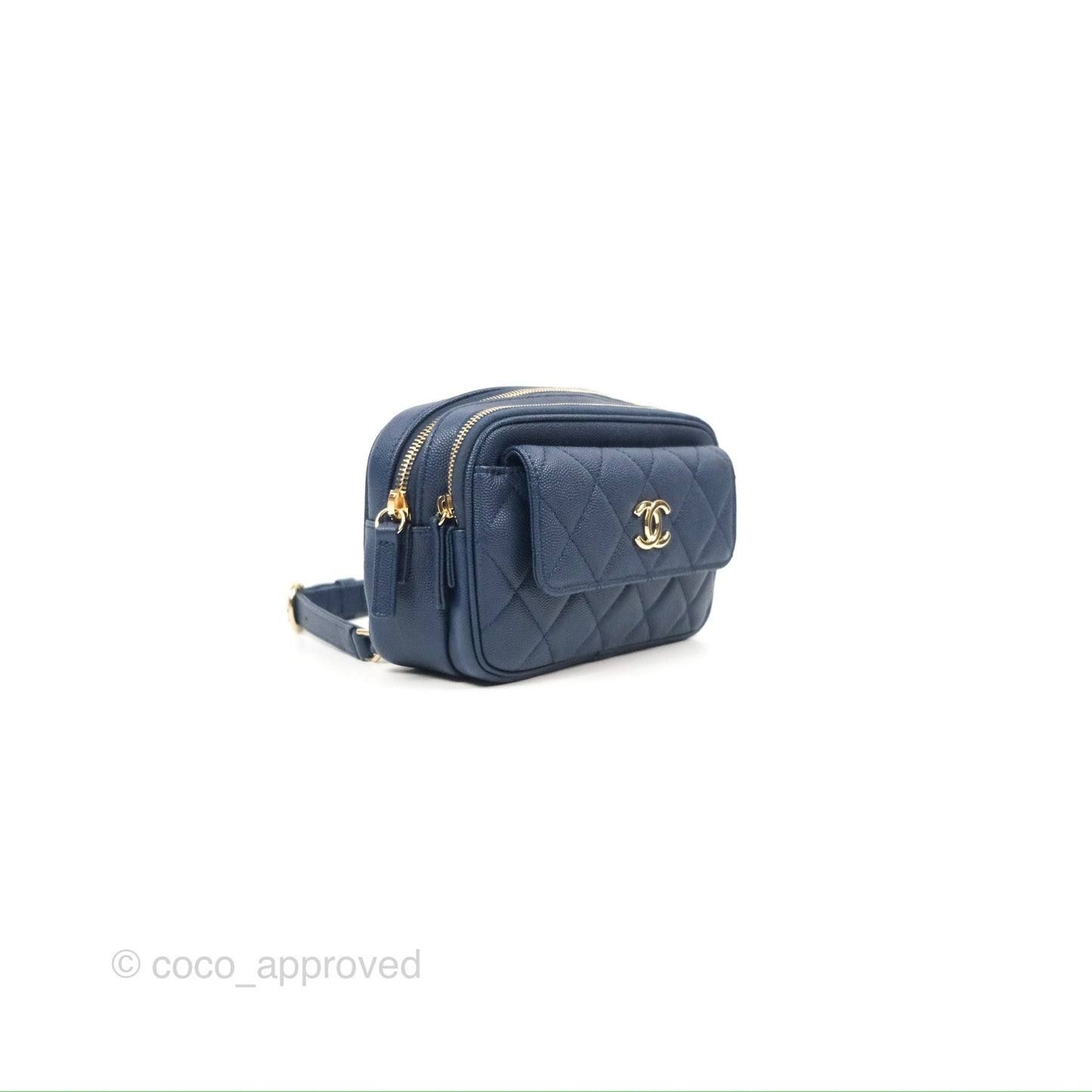 Chanel Quilted Caviar Waist Bag Navy Gold Hardware With Detachable Pouch