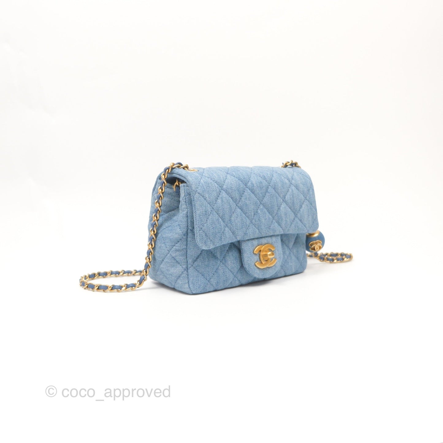 Chanel Mini Square Pearl Crush Quilted Denim Aged Gold Hardware