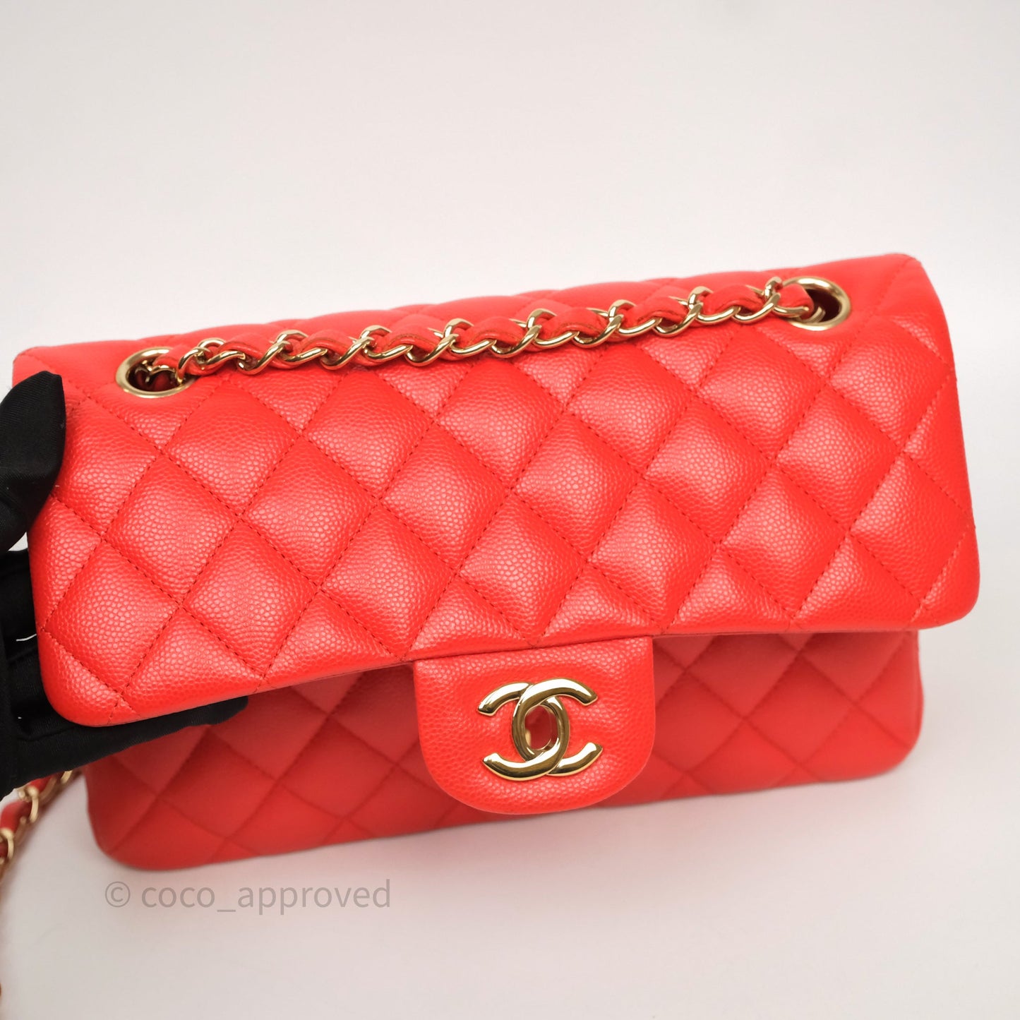 Chanel Small Classic Flap Quilted Red Orange Caviar Gold Hardware
