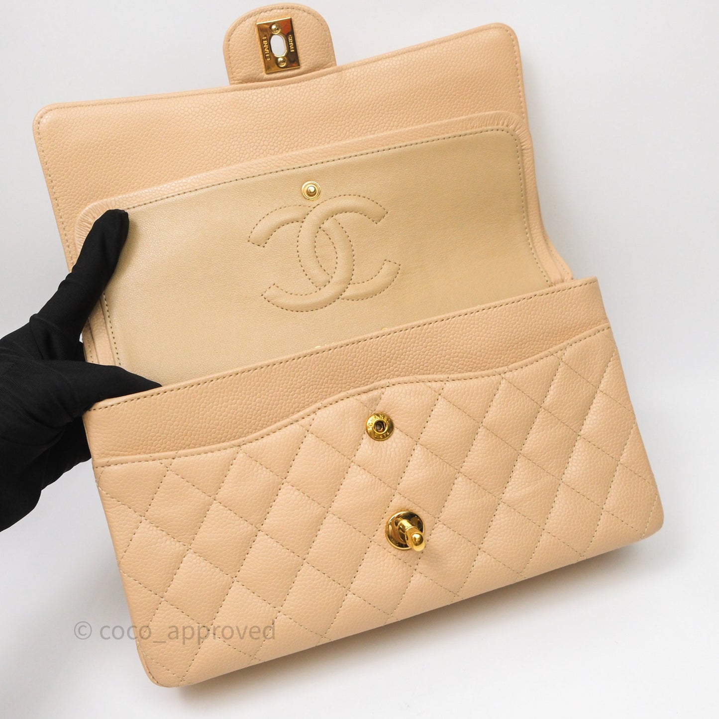 Chanel Classic M/L Medium Flap Quilted Beige Caviar Gold Hardware