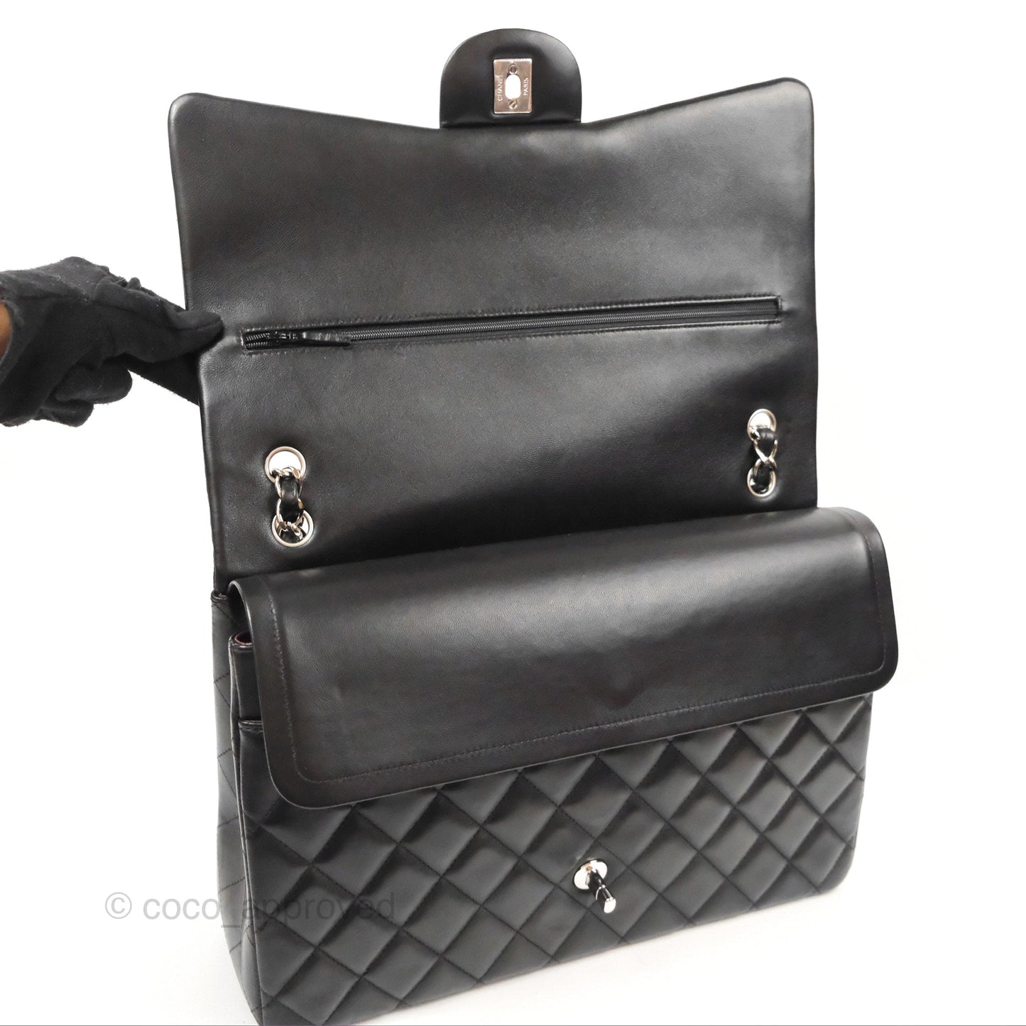 Chanel Quilted Maxi Double Flap Black Lambskin Silver Hardware