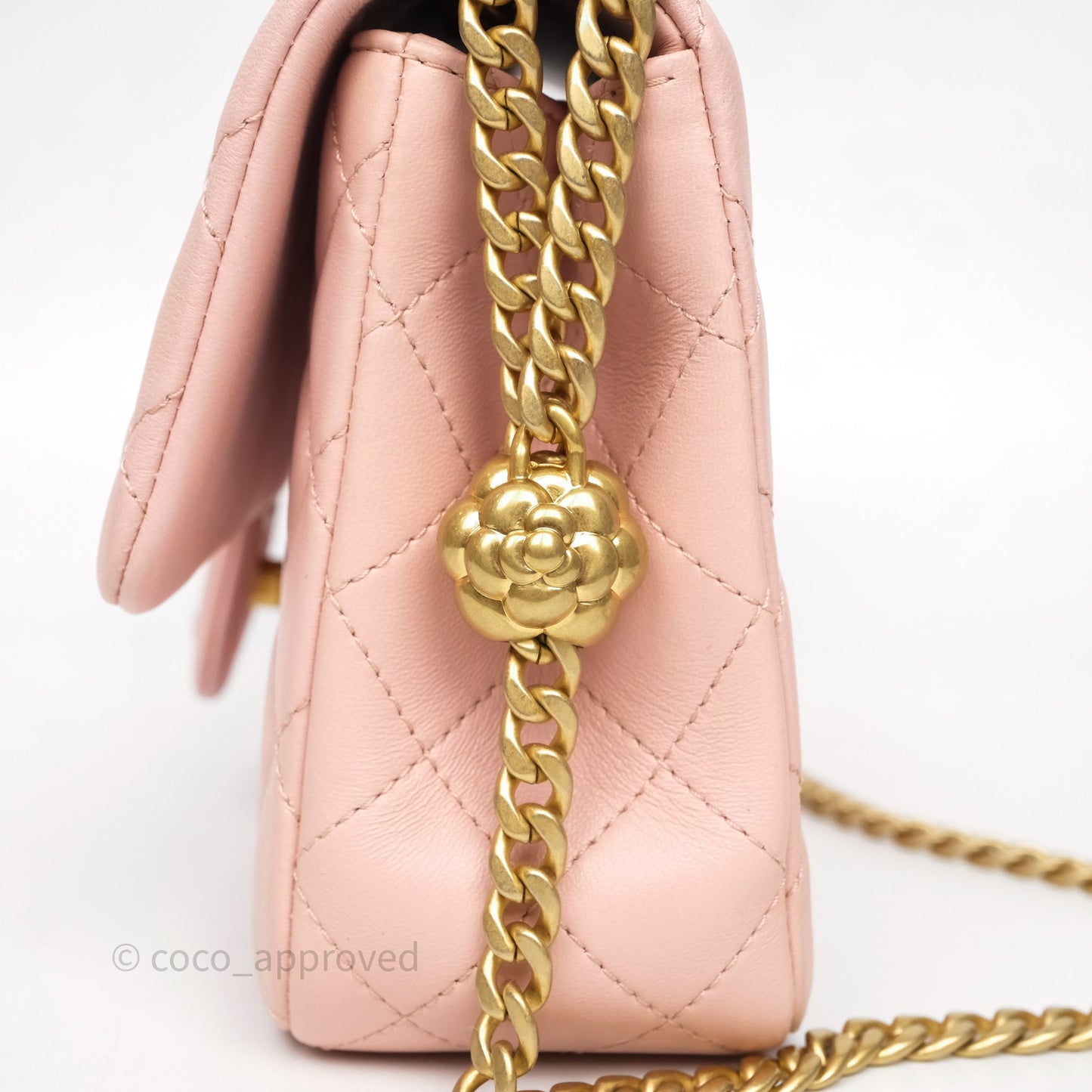 Chanel Quilted Flap Bag With Camellia Adjustable Lambskin Pink Aged Gold Hardware