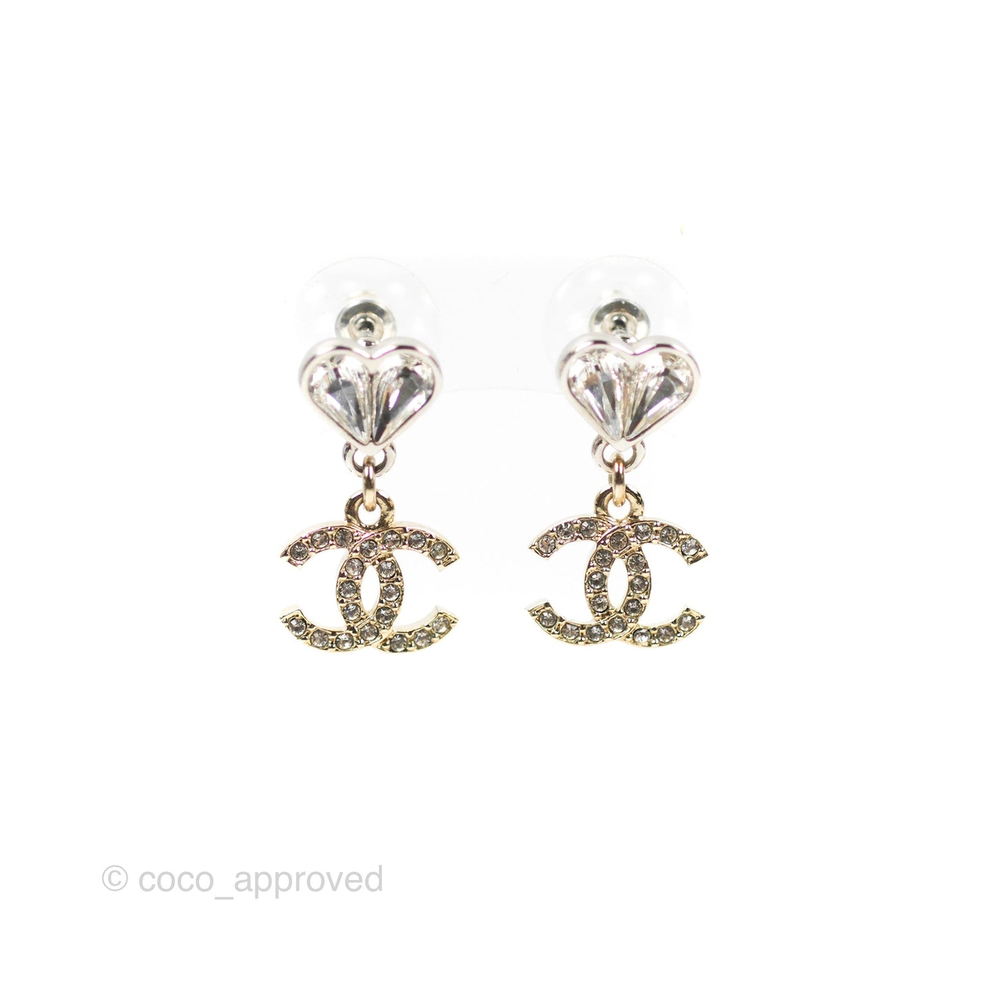 Chanel Crystal Heart CC Drop Earrings Silver Tone 23S