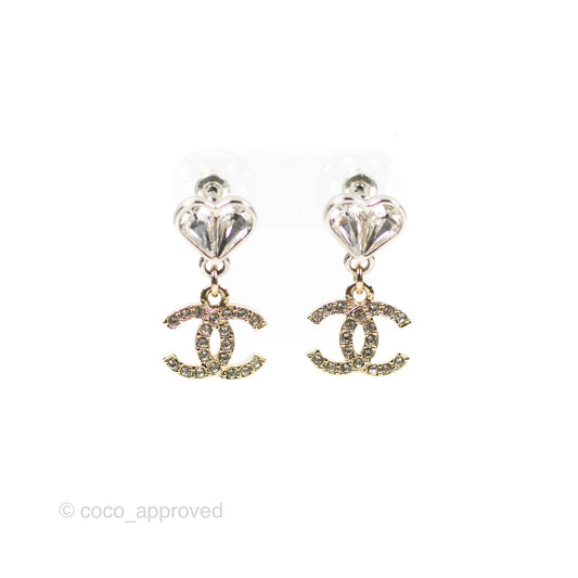 Chanel Crystal Heart CC Drop Earrings Silver Tone 23S