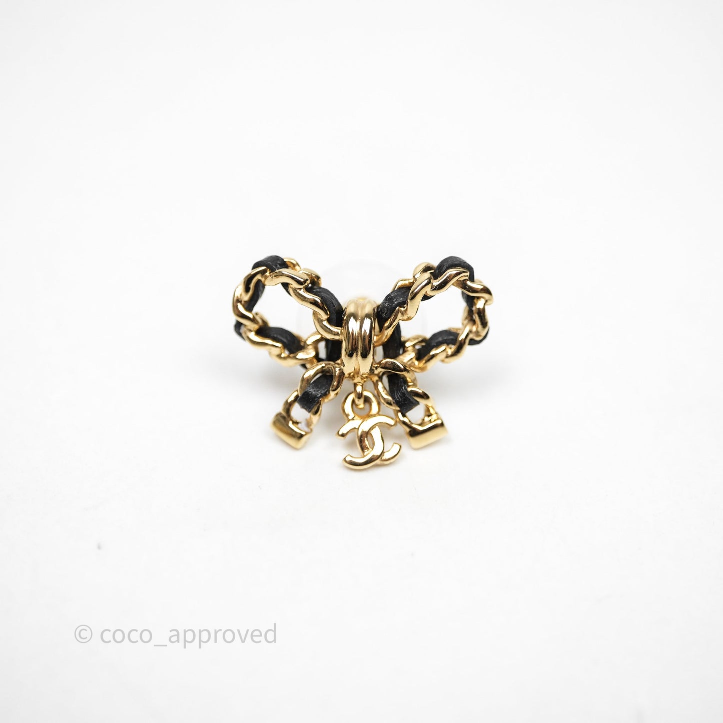 Chanel Lambskin Chain Bow Stud Earrings Black Gold Tone 24V