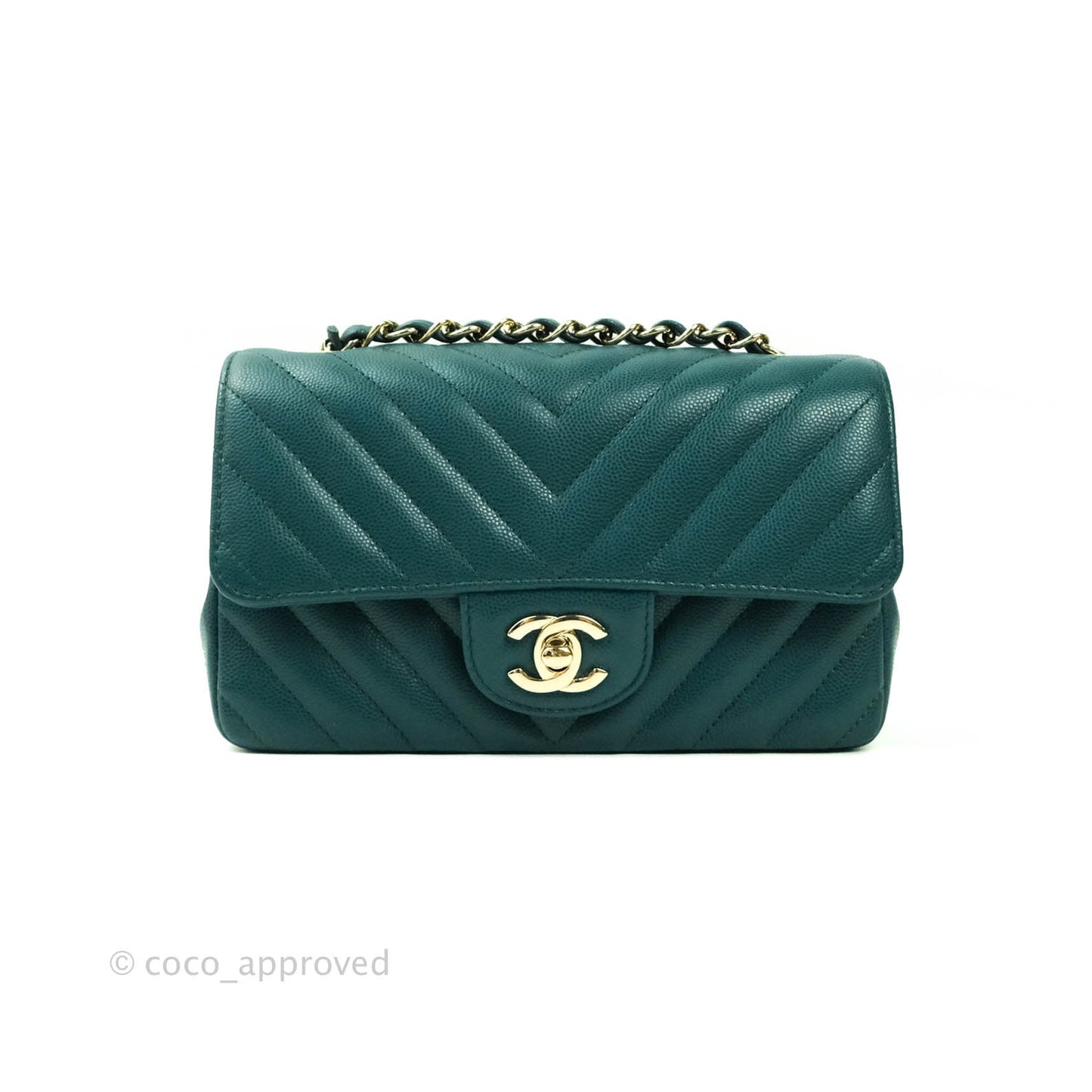 Chanel Chevron Mini Rectangular Caviar Flap Bag Dark Green Gold Hardware