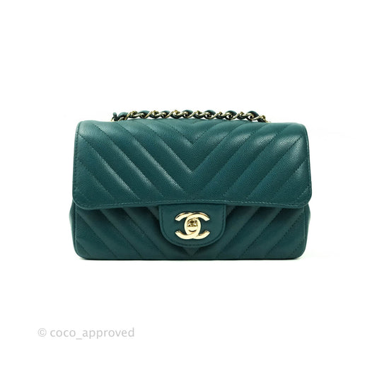 Chanel Chevron Mini Rectangular Caviar Flap Bag Dark Green Gold Hardware