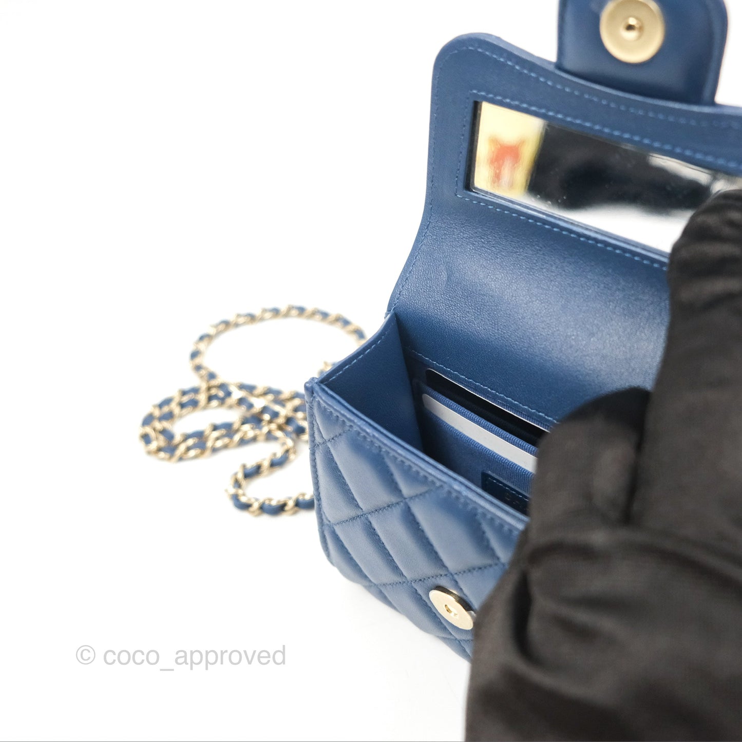 Chanel Mini Handle Clutch With Chain Navy Lambskin Gold Hardware