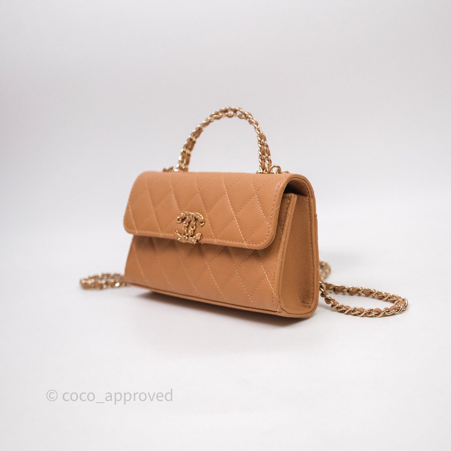 Chanel Kelly Clutch Top Handle Dark Beige Caviar Bag Light Gold hardware