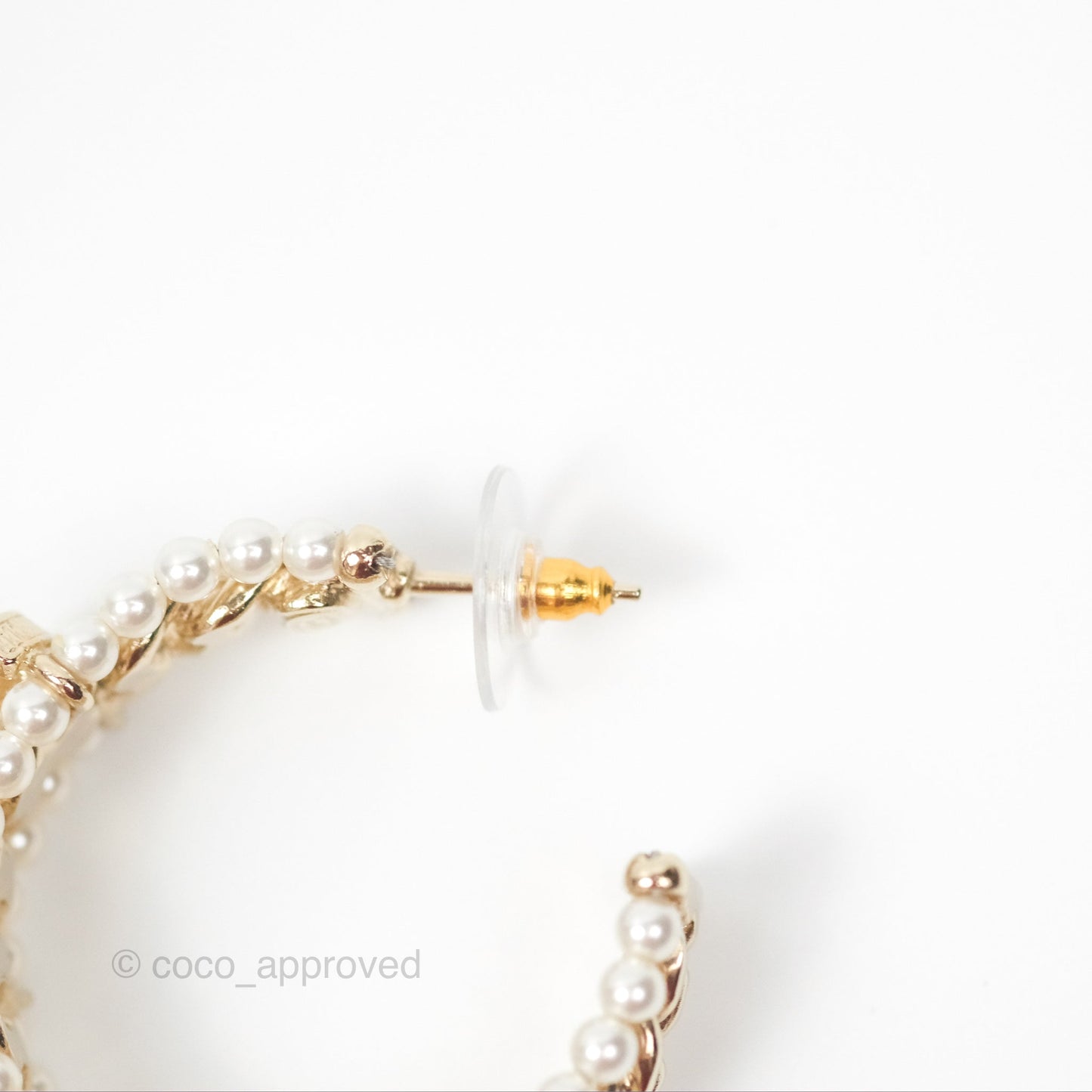 Chanel CC Pearl Hoop Earrings Gold Tone 20C