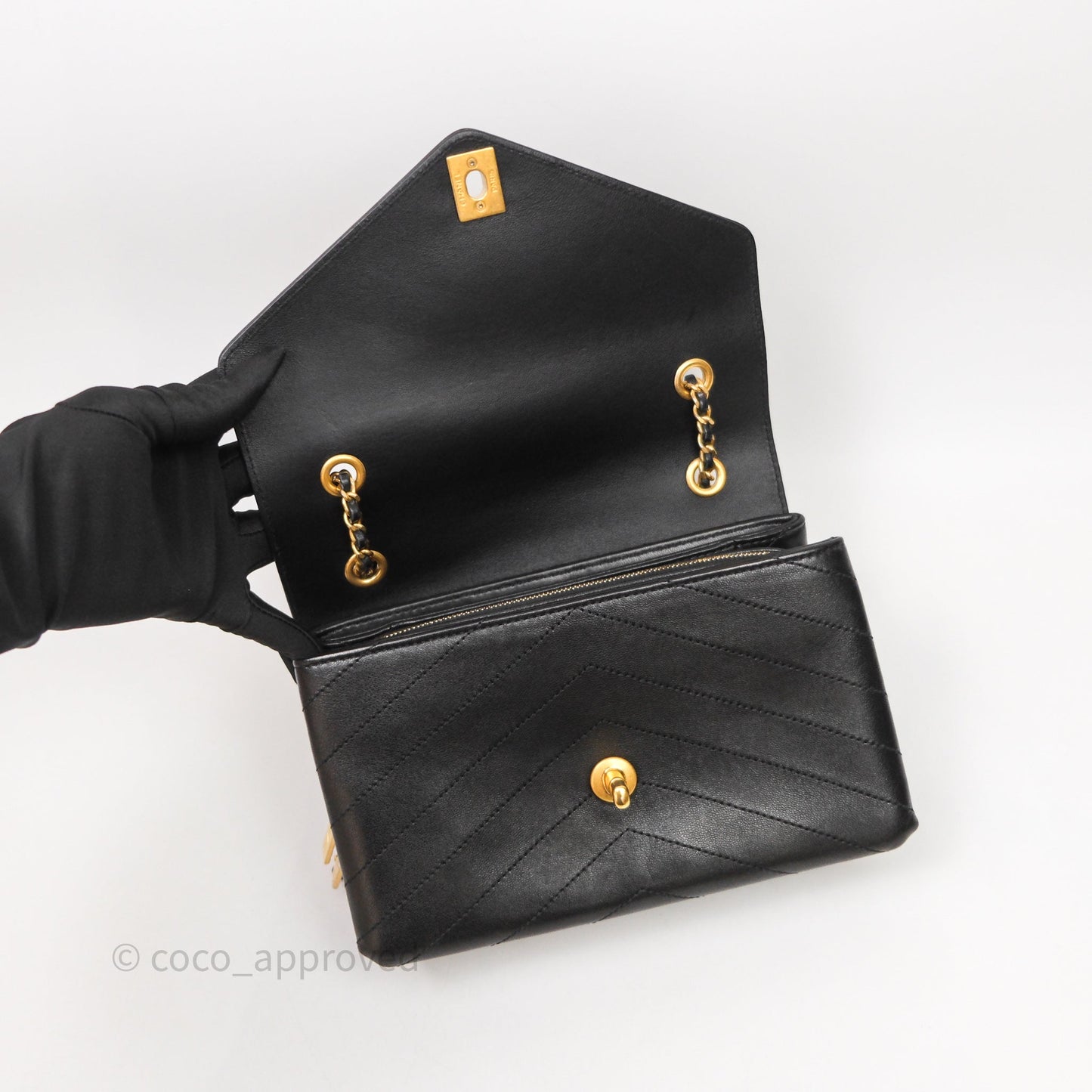 Chanel Chevron Flap Bag Black Calfskin Aged Gold Hardware