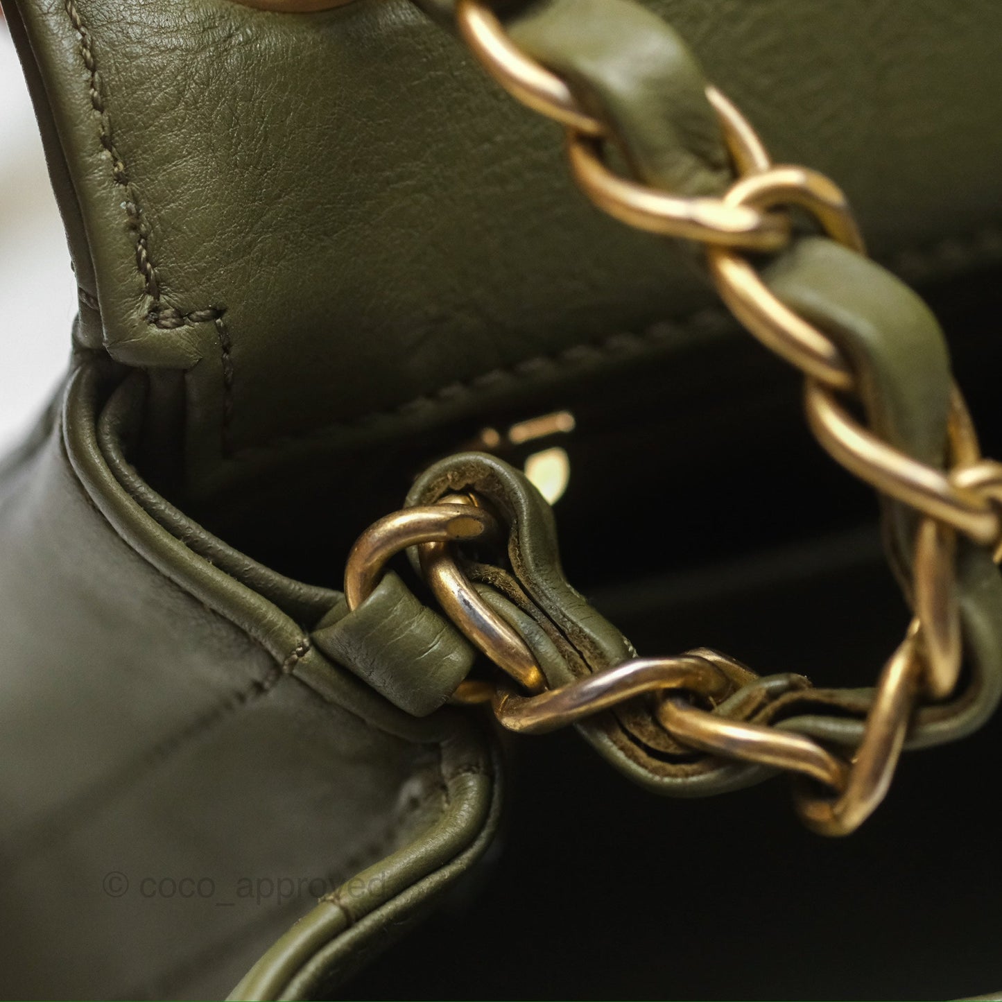 Chanel Mini Square Flap Chevron Olive Green Calfskin Gold Hardware