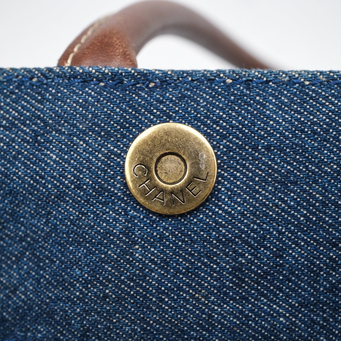 Chanel Vintage CC Tote Bag Denim Brown Leather