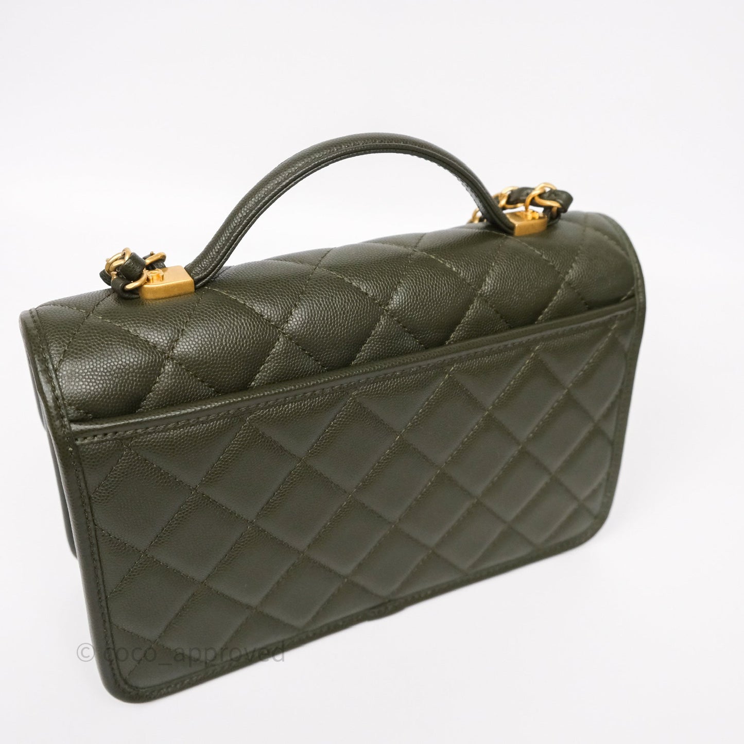 Chanel School Memory Top Handle Flap Army Green Caviar Aged Gold Hardware