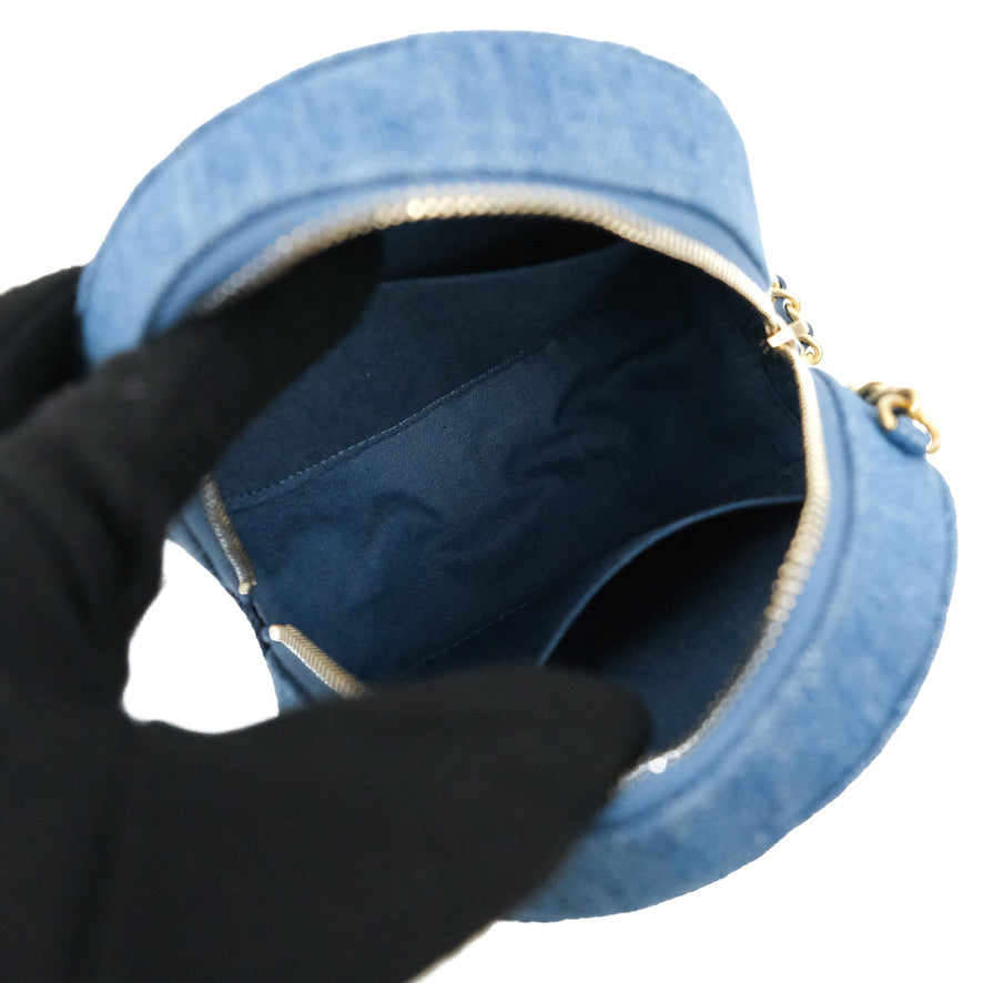Chanel Quilted Pearl Crush Round Clutch With Chain Denim Aged Gold Hardware