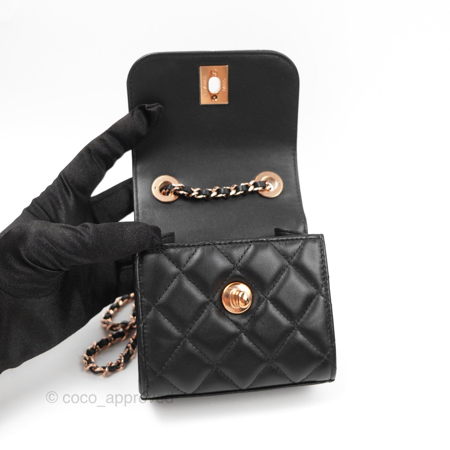 Chanel Mini Quilted Trendy CC Clutch With Chain Black Lambskin Rose Gold Hardware
