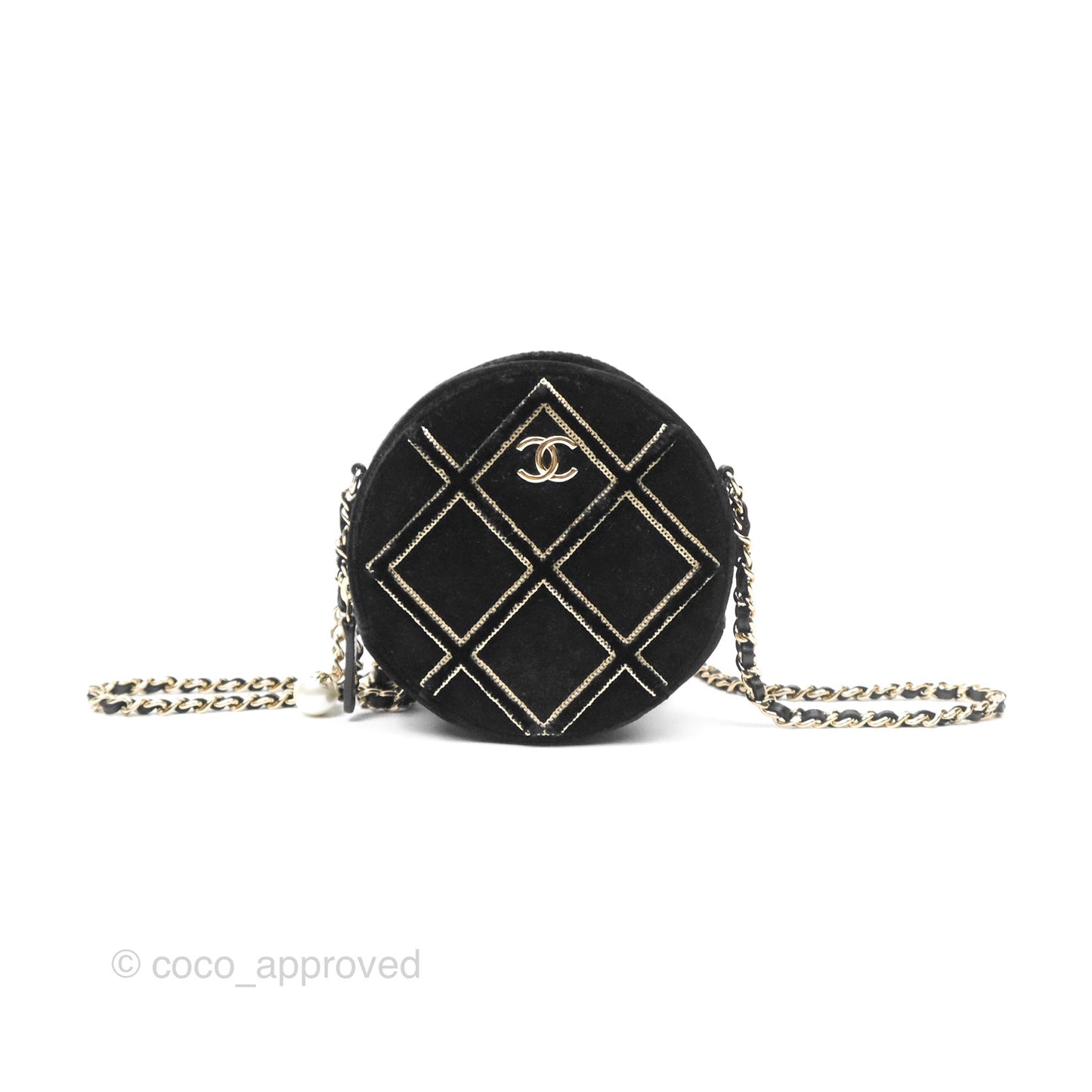 Chanel Quilted Round Clutch With Chain Black Velvet Gold Hardware