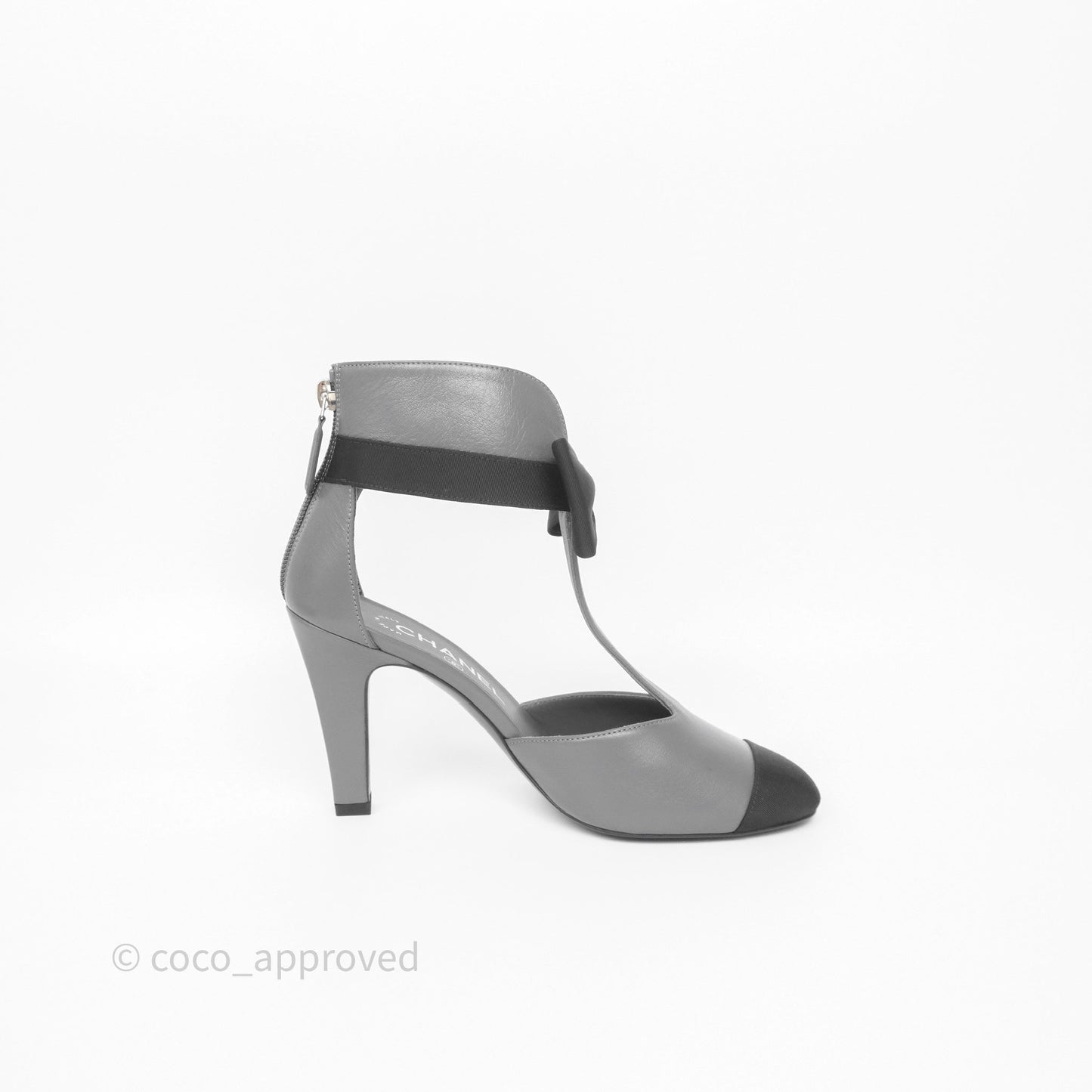 Chanel Cap Toe Bow Ankle-cuff Sandals Grey Black Lambskin