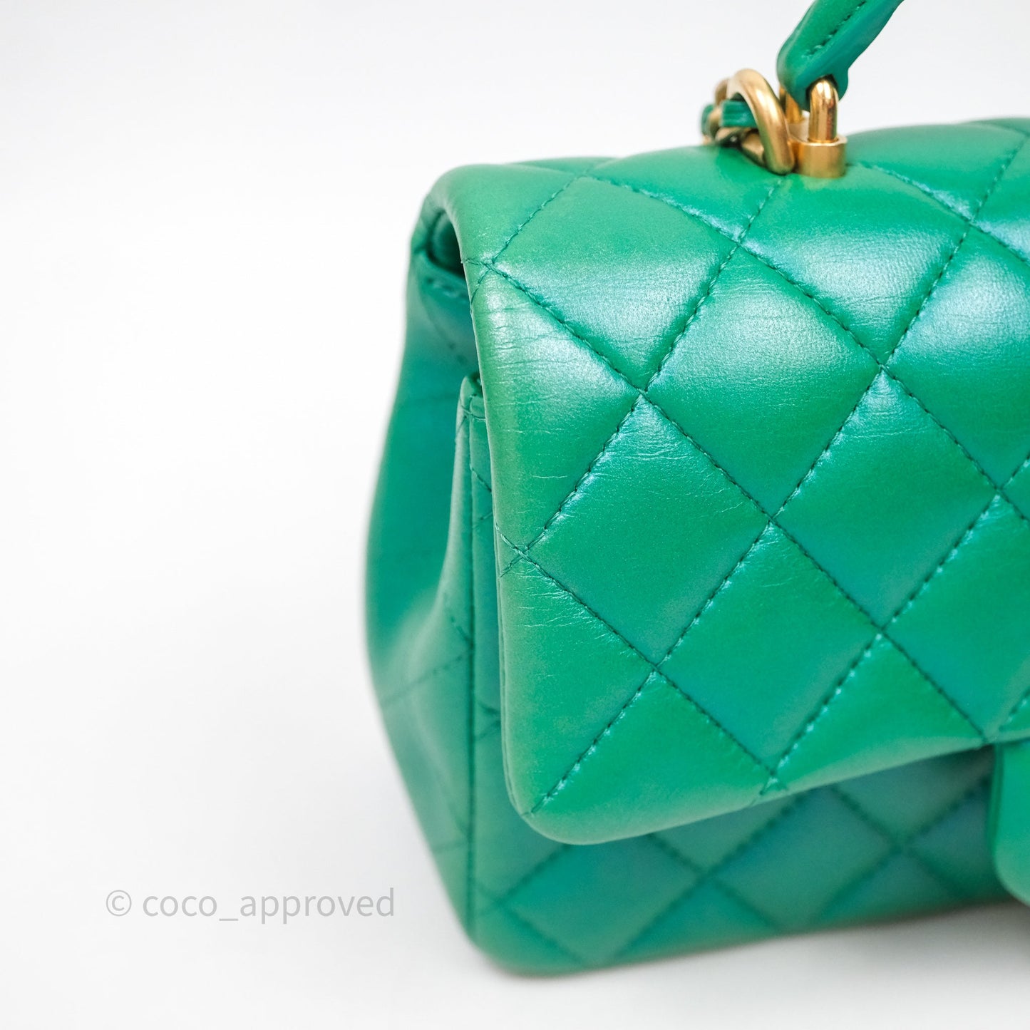 Chanel Top Handle Mini Rectangular Flap Bag Iridescent Green Lambskin Aged Gold Hardware