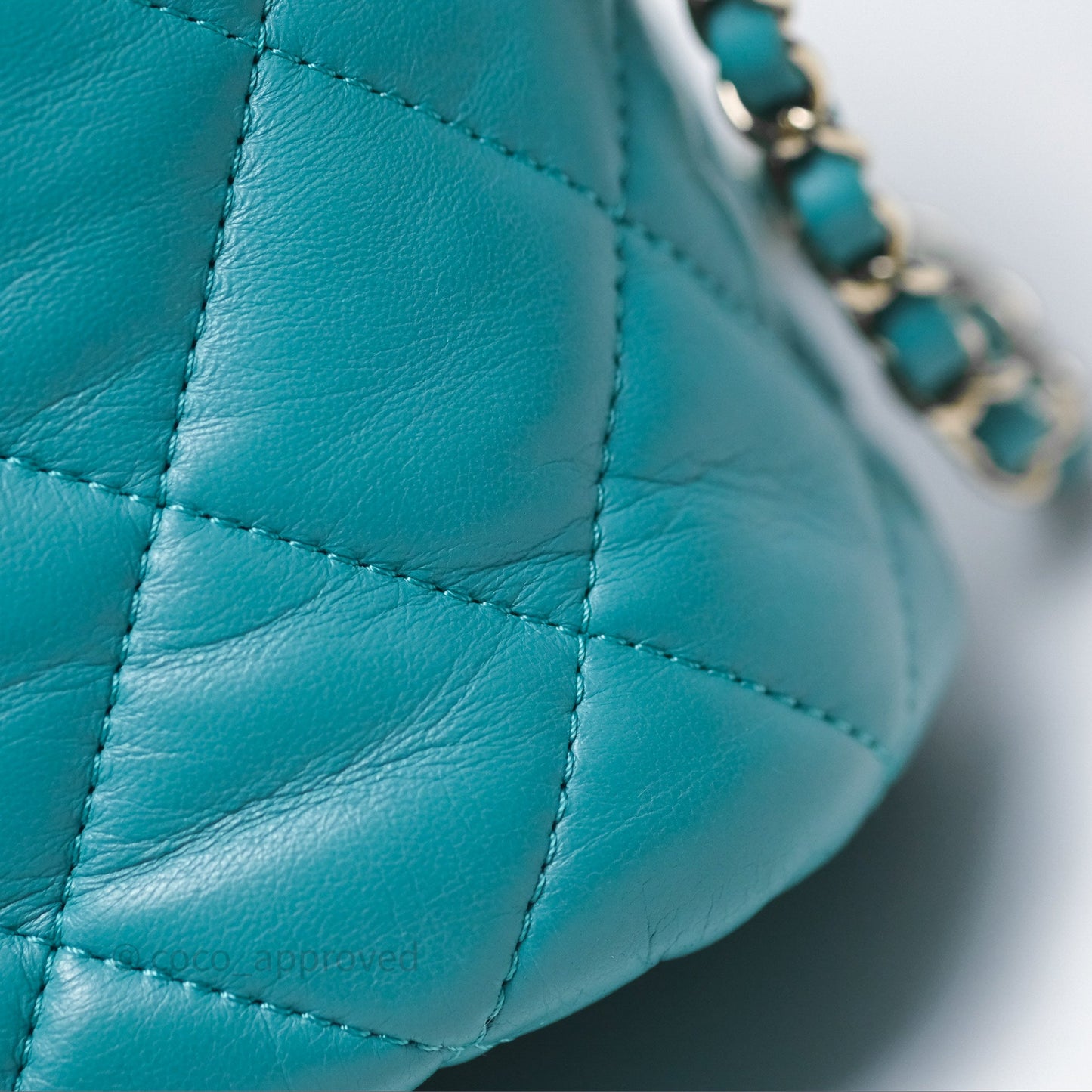 Chanel Pearl CC Drawstring Bucket Bag Teal Green Lambskin Gold Hardware