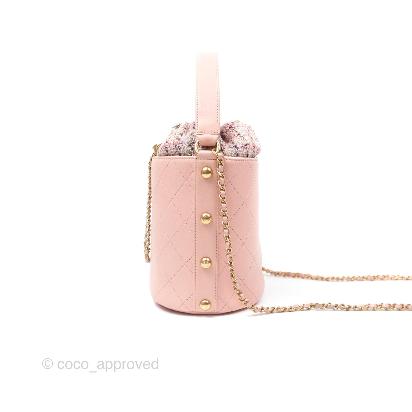 Chanel Quilted Top Handle Drawstring Bucket Bag Calfskin Tweed Pink Aged Gold Hardware
