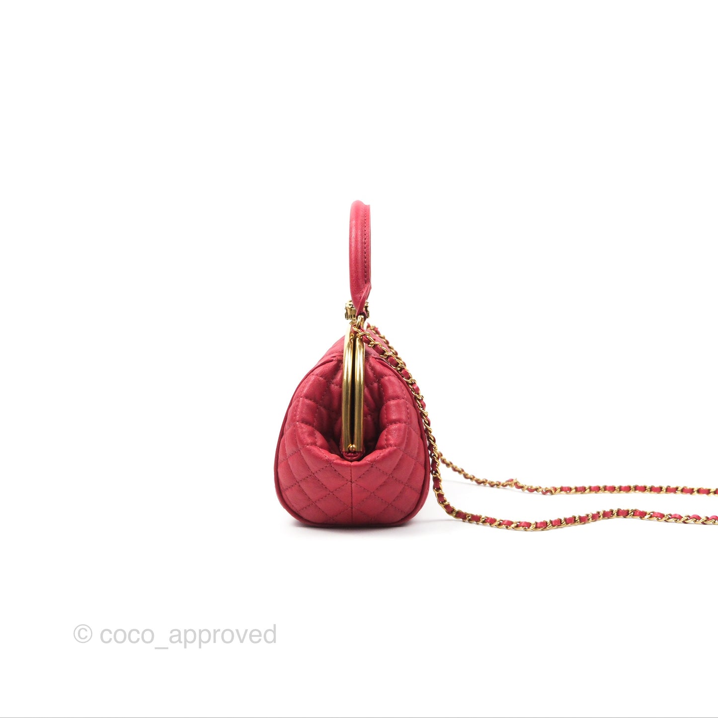 Chanel Quilted Kisslock Handbag With Chain Red Calfskin Gold Hardware