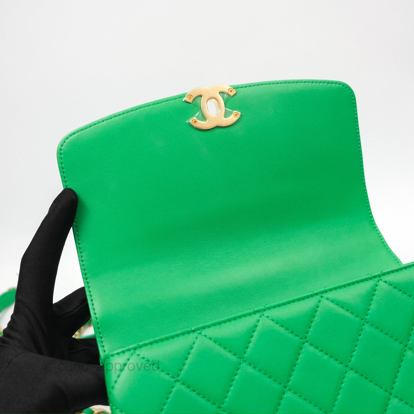 Chanel CC Quilted Flap Bag With Top Handle Green Calfskin Gold Hardware