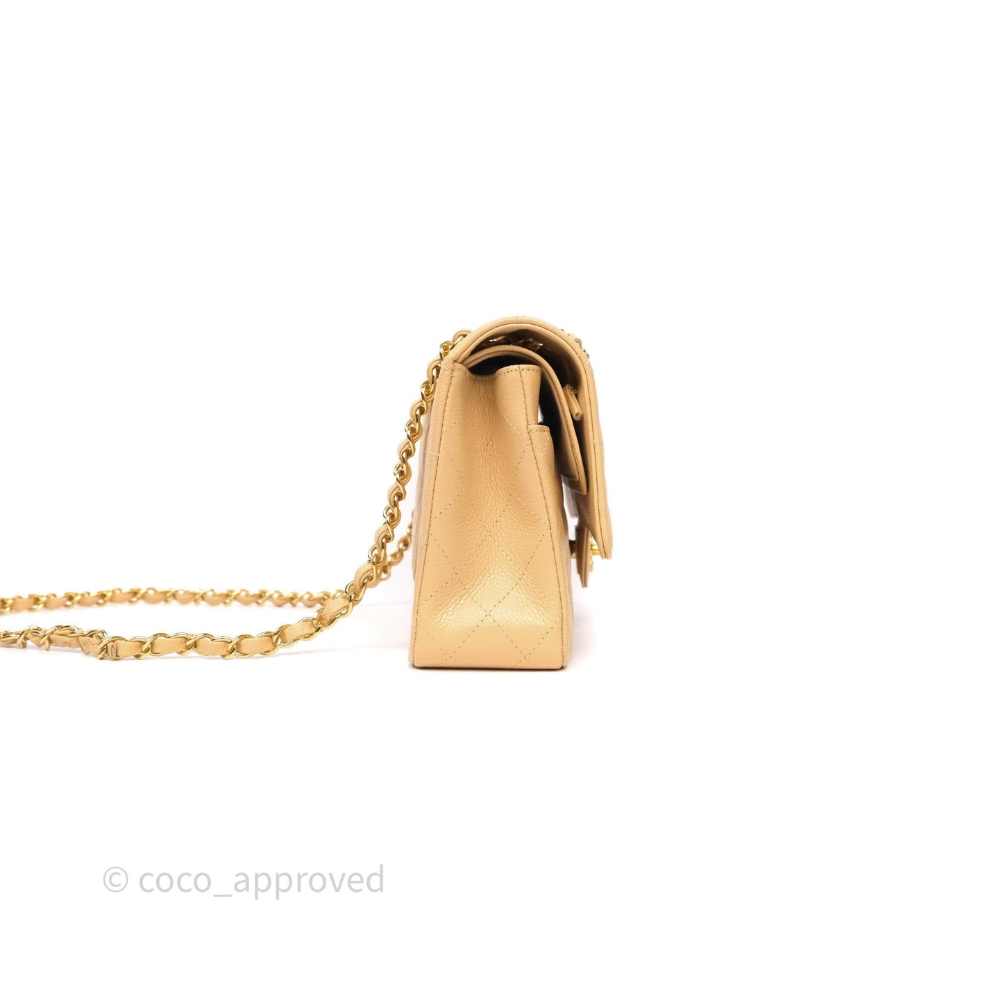 Chanel M/L Medium Classic Flap Quilted Beige Caviar Gold Hardware