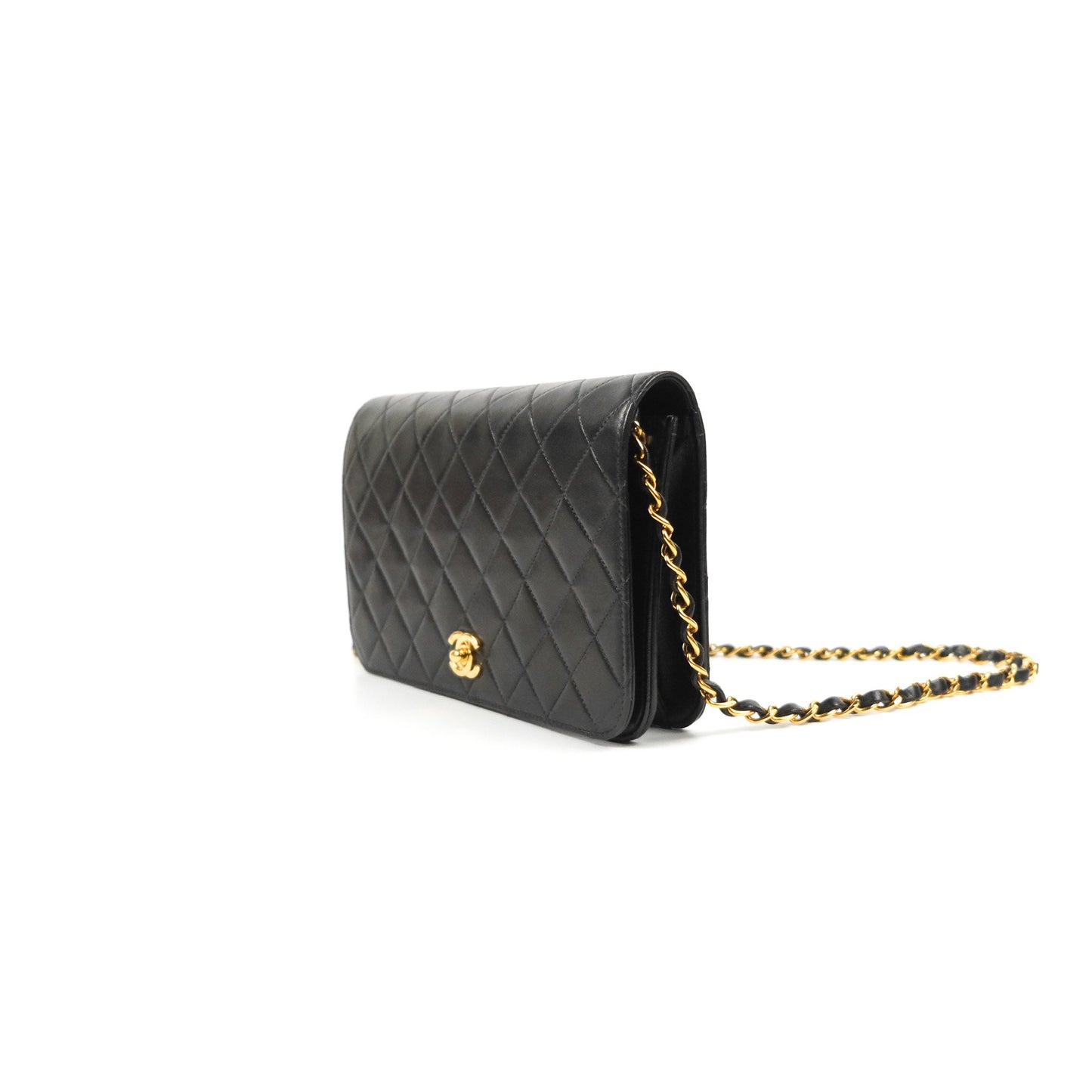 Chanel Vintage Full Flap Quilted Shoulder Bag Black Lambskin 24K Gold Hardware
