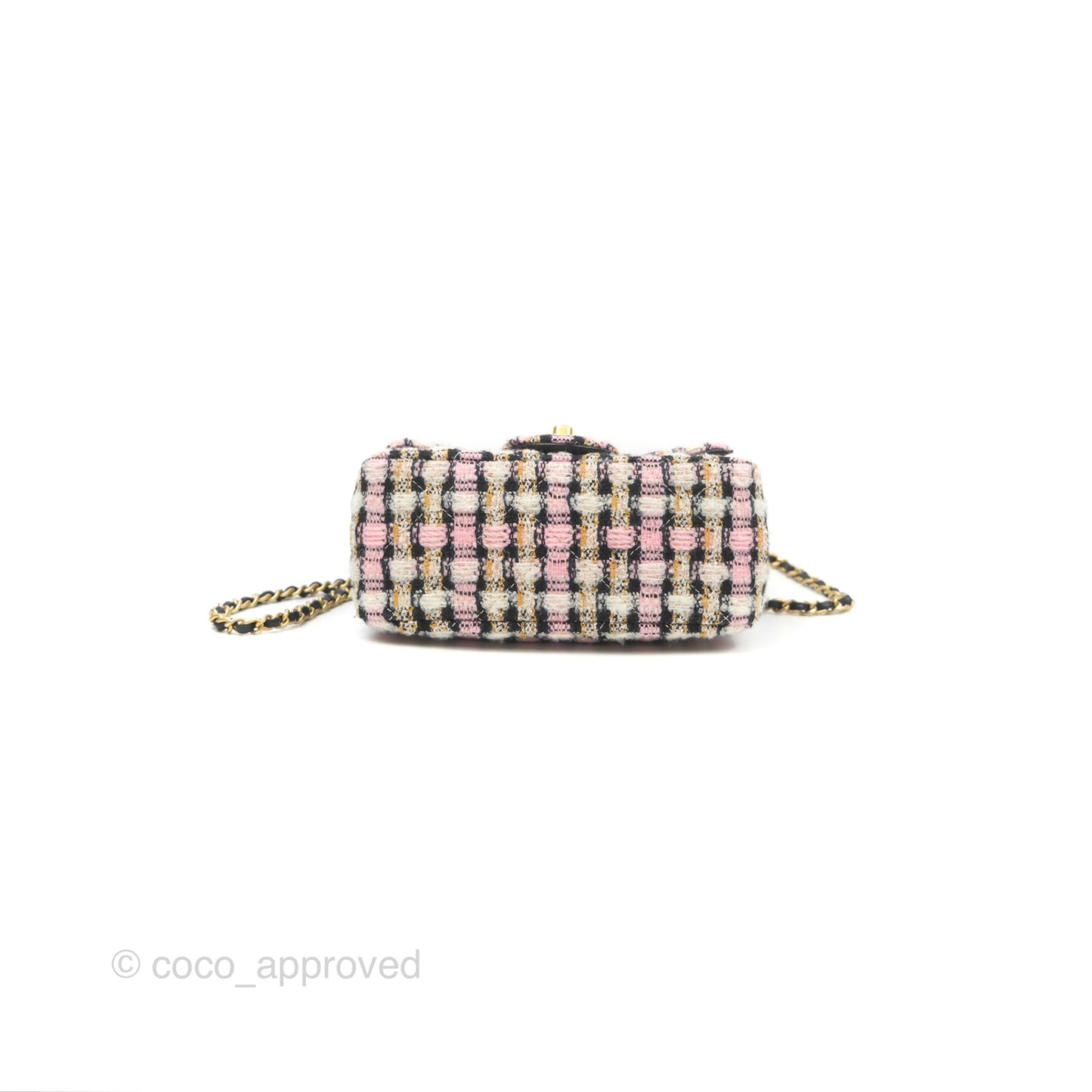 Chanel Pearl Crush Mini Square Quilted Pink Tweed Aged Gold Hardware