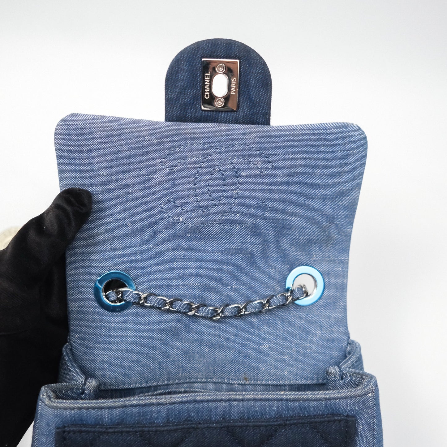 Chanel Quilted Mini Medallion Graphic Denim Blue Silver Hardware