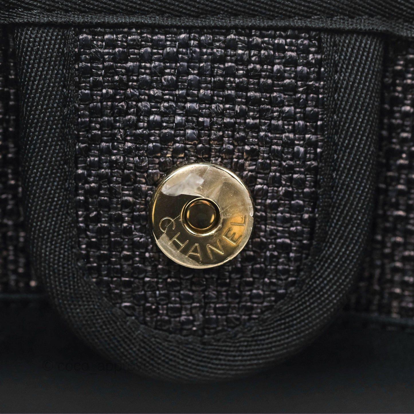 Chanel Medium Deauville Tote Black Dark Grey Raffia Woven Gold Hardware