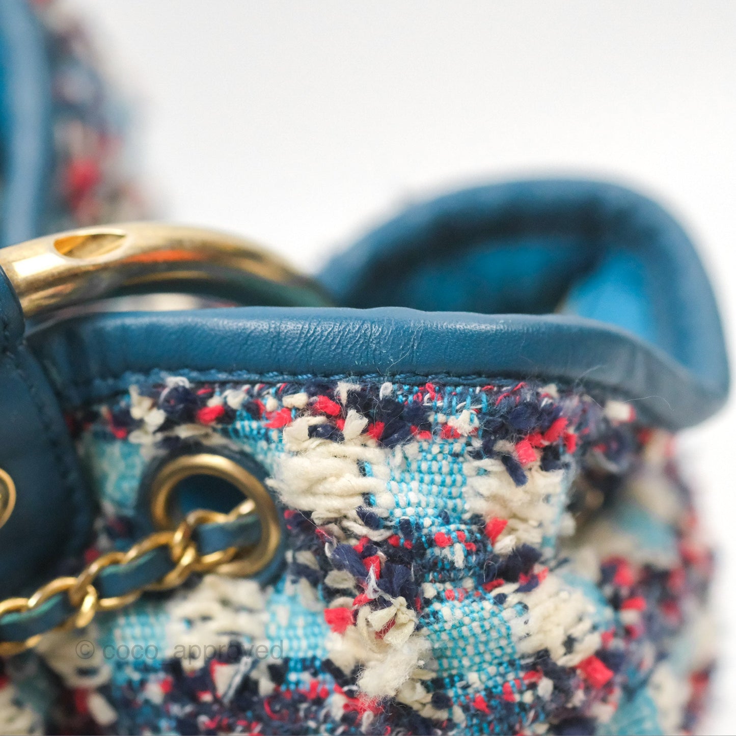 Chanel Cuba Chesterfield Tweed Drawstring Bucket Bag Blue Aged Gold Hardware 17C